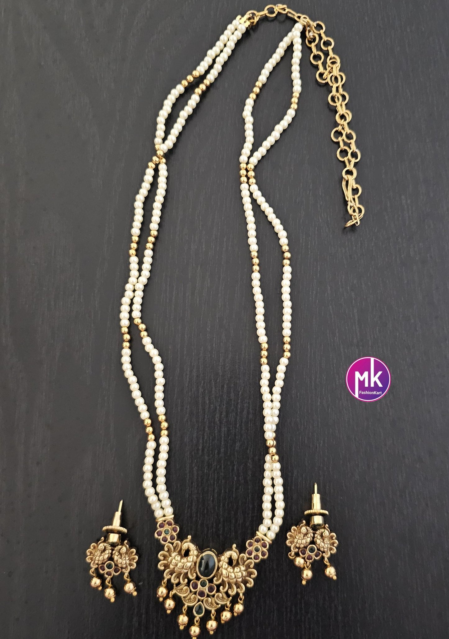 Peacock Matte gold finish Pendent with long Mala with cute Earrings - Fashion Jewelry - MK Fashionkart