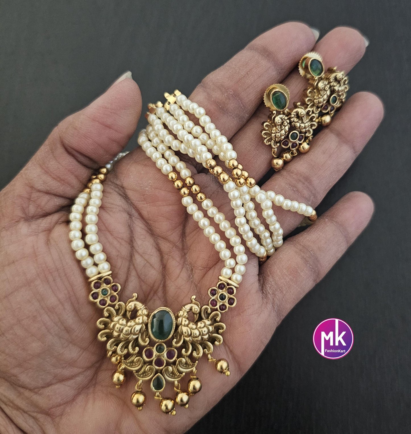 Peacock Matte gold finish Pendent with long Mala with cute Earrings - Fashion Jewelry - MK Fashionkart