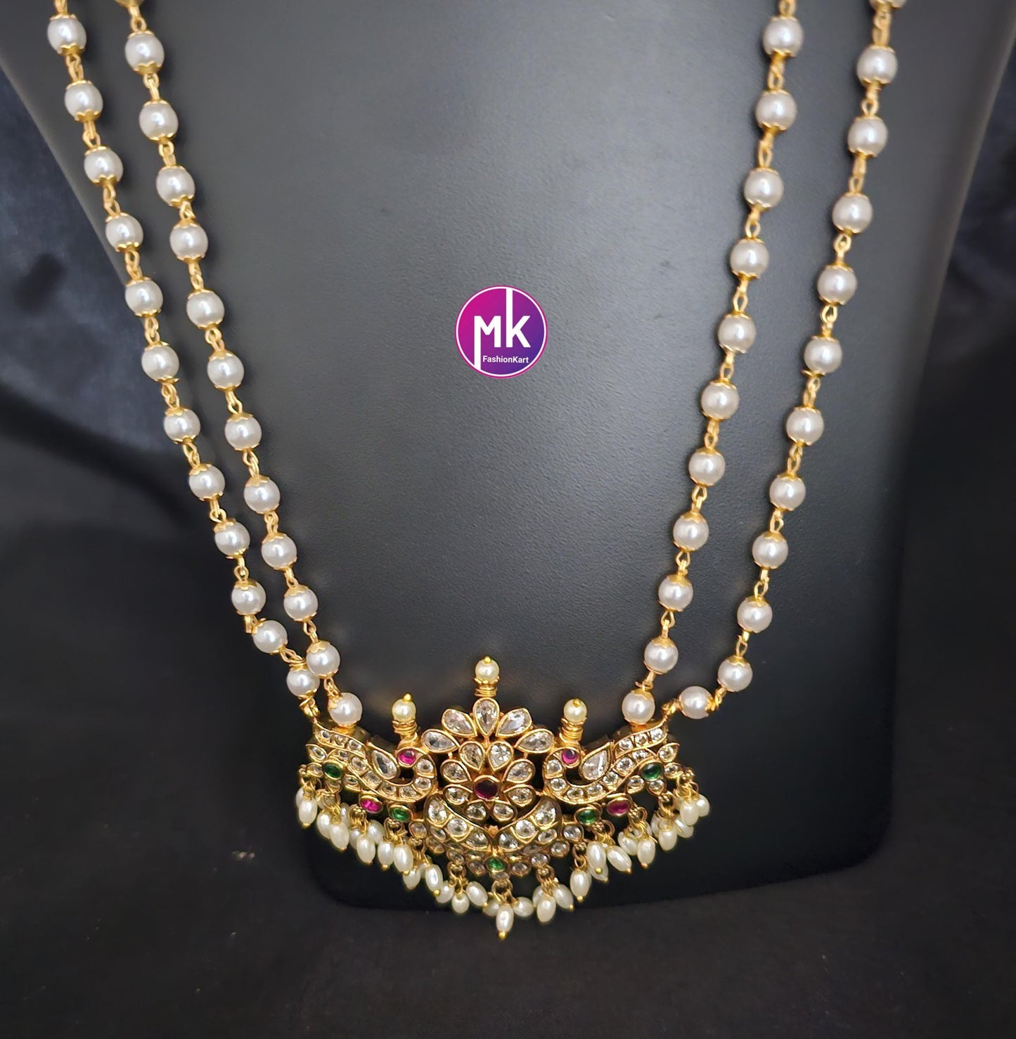 Peacock Flower design Matte gold finish and Kemp stones Pendent with long Mala with matching Earrings - Fashion Jewelry - MK Fashionkart