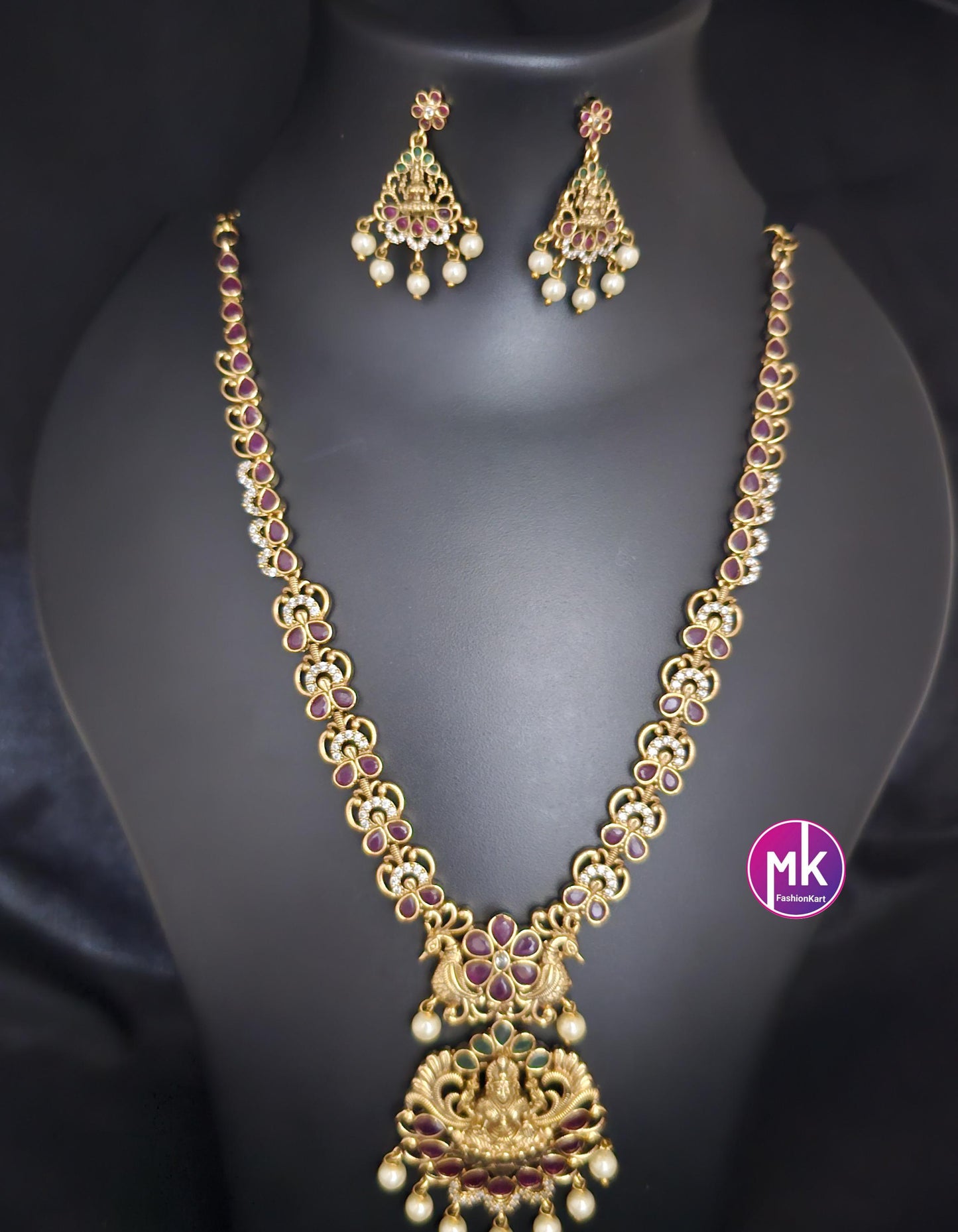Lakshmi Peacock design Premium Quality Matte gold finish and Kemp/CZ stone Necklace w matching cute Earrings - Bridal Haram - MK Fashionkart