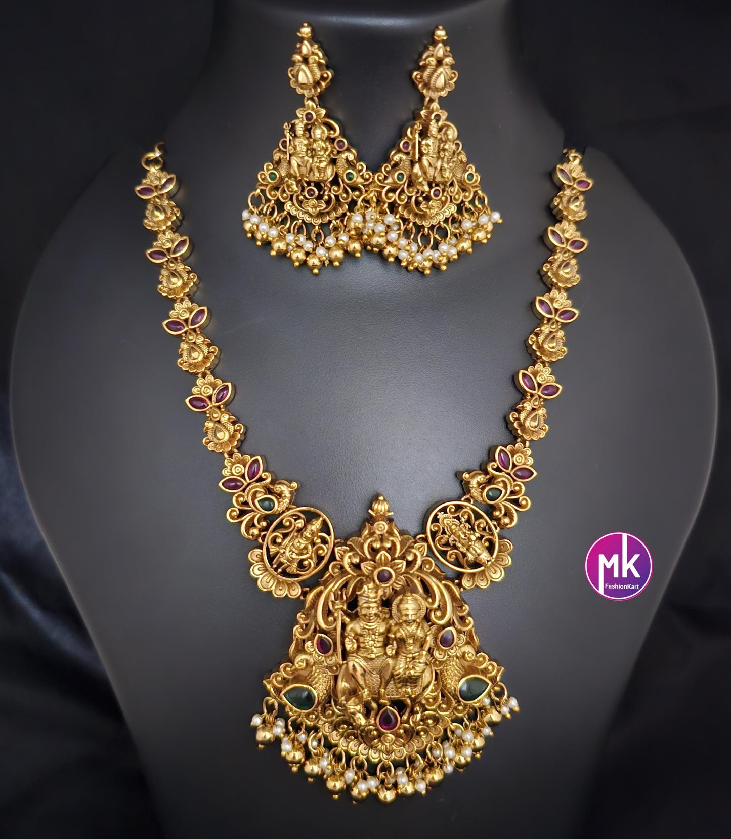 Shivparivar Matte gold finish Kemp stone big bridal necklace with matching big Earrings - Bridal Necklace - Gold Replica - MK Fashionkart