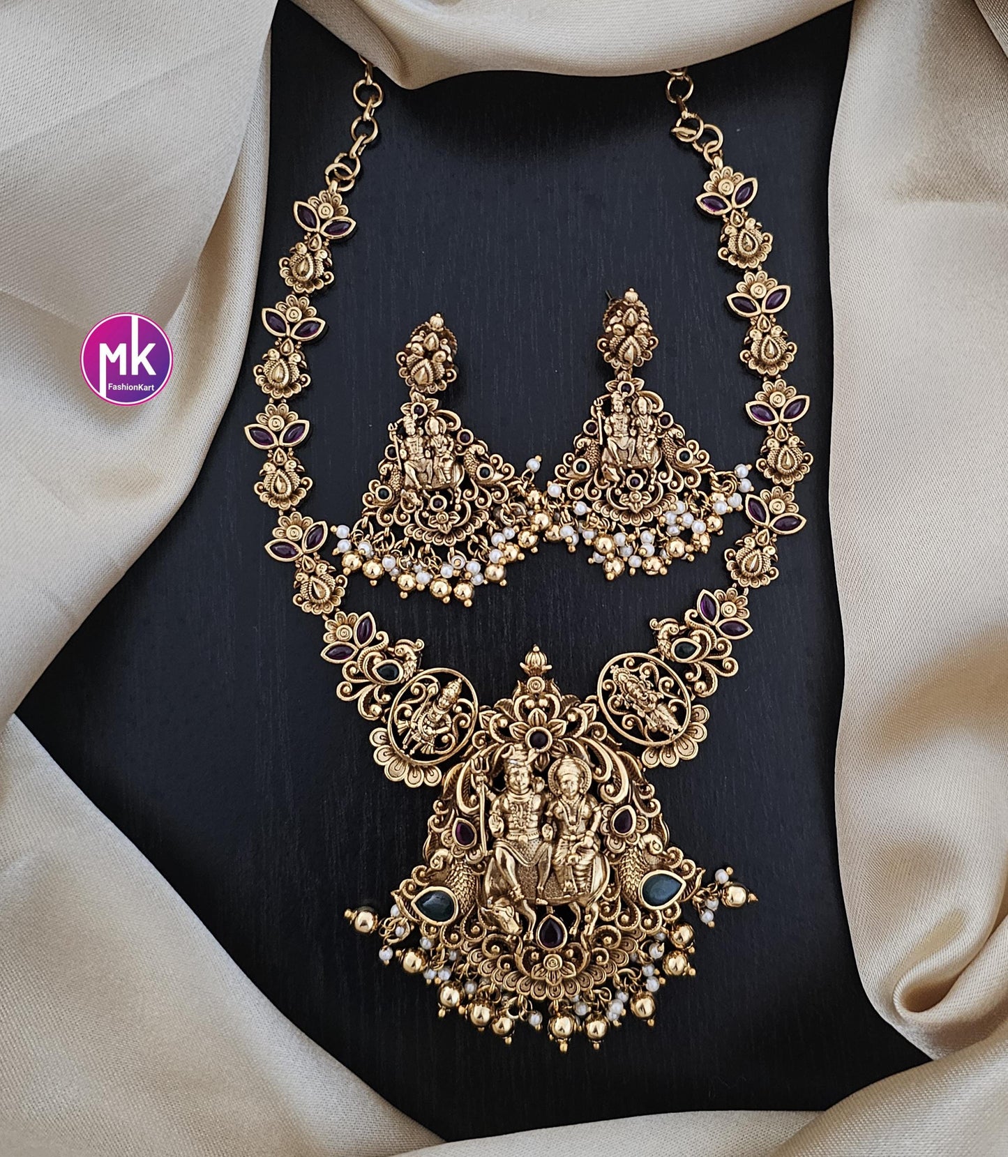Shivparivar Matte gold finish Kemp stone big bridal necklace with matching big Earrings - Bridal Necklace - Gold Replica - MK Fashionkart