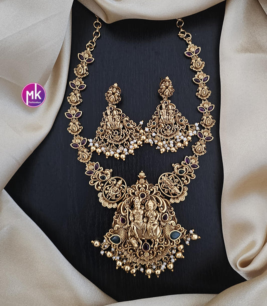 Shivparivar Matte gold finish Kemp stone big bridal necklace with matching big Earrings - Bridal Necklace - Gold Replica - MK Fashionkart
