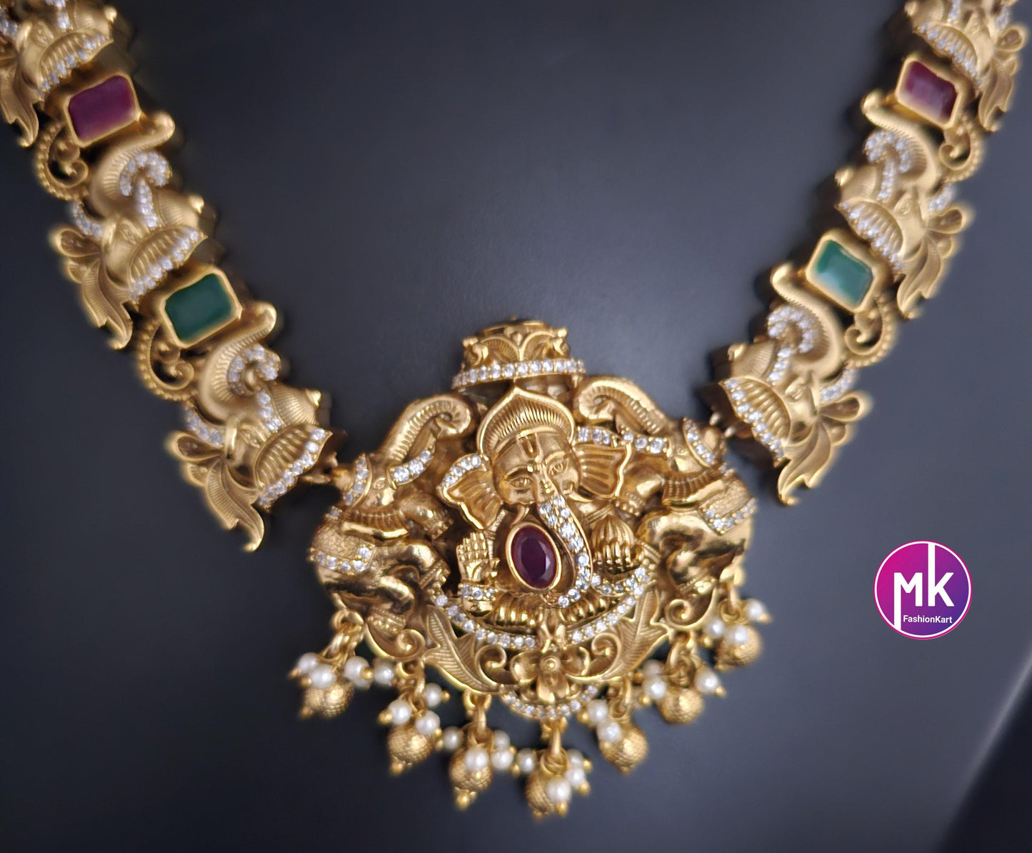 Ganesa Matte gold finish AD/CZ stones big necklace with matching Jhumka- Bridal Necklace - Gold Replica - Unique Collection - MK Fashionkart