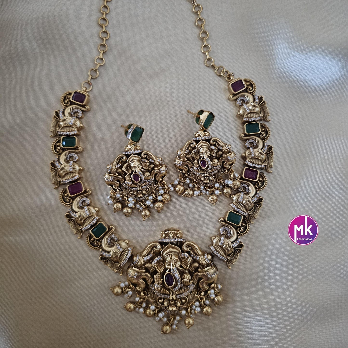 Ganesa Matte gold finish AD/CZ stones big necklace with matching Jhumka- Bridal Necklace - Gold Replica - Unique Collection - MK Fashionkart