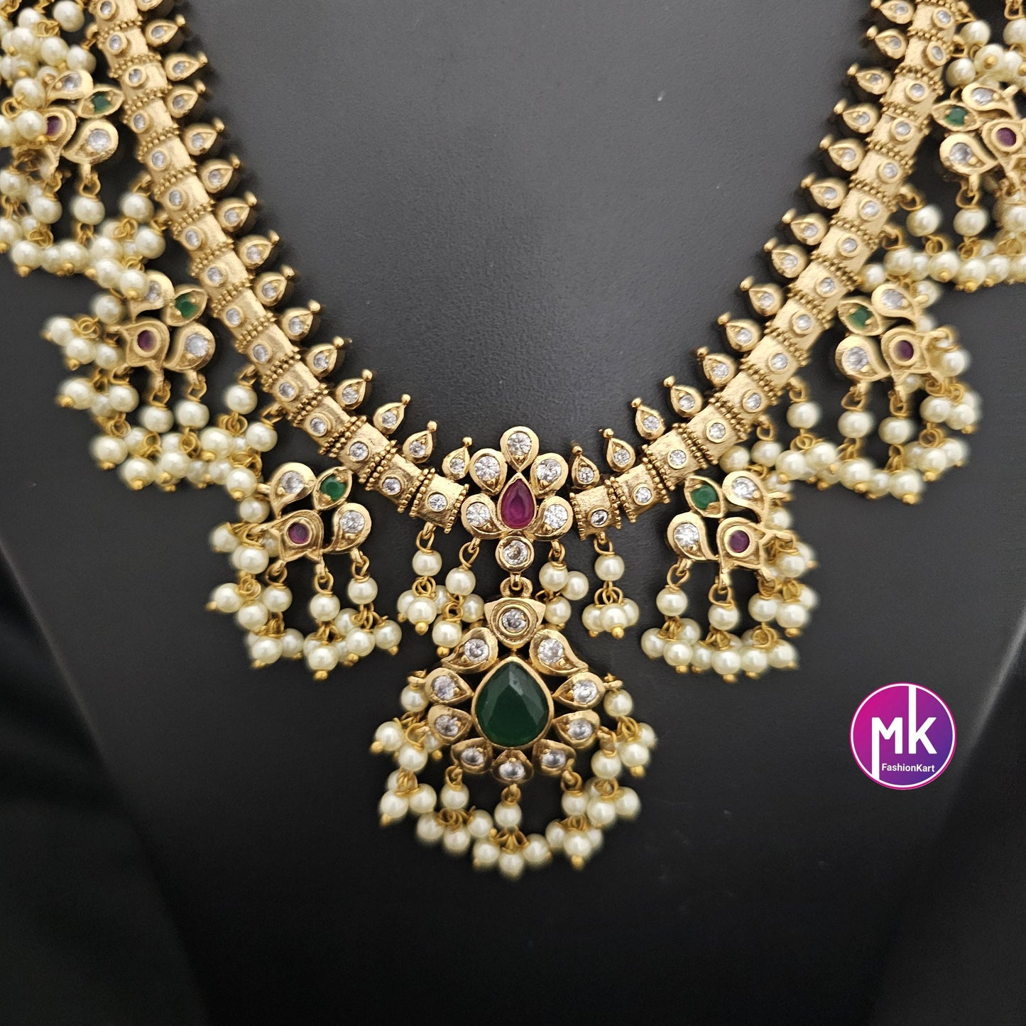 Beautiful Guttapusalu Matte gold finish AD stones necklace with matching Earrings - Bridal Necklace - Gold Replica - MK Fashionkart