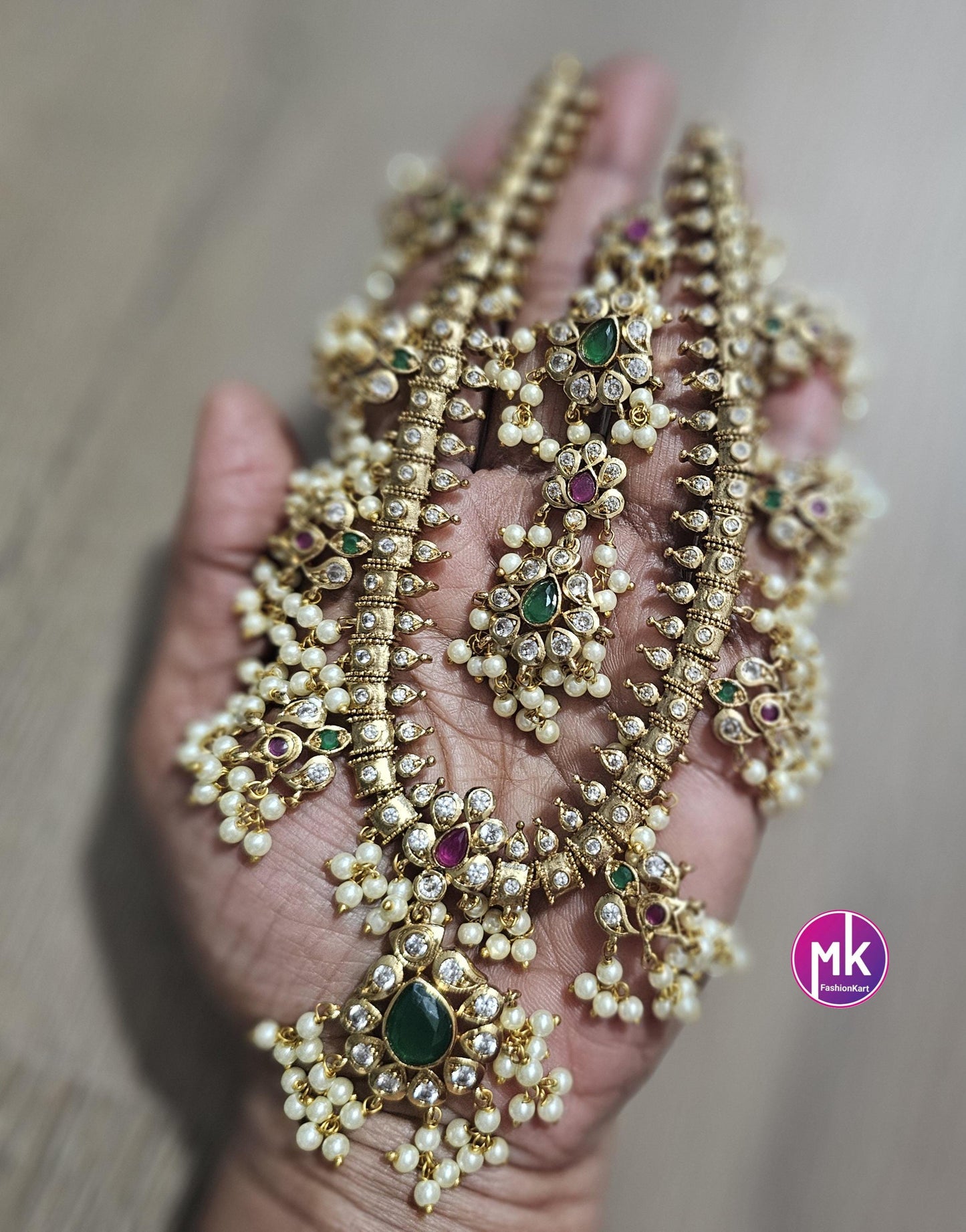 Beautiful Guttapusalu Matte gold finish AD stones necklace with matching Earrings - Bridal Necklace - Gold Replica - MK Fashionkart