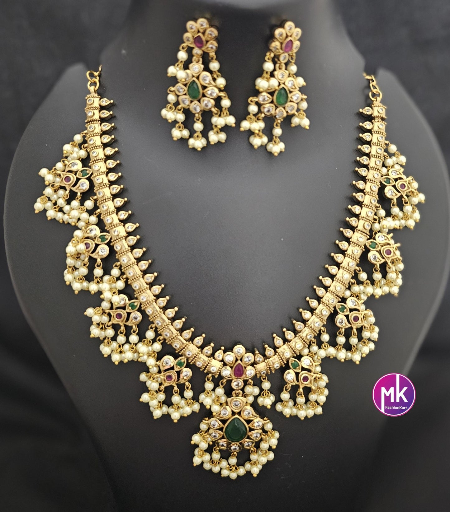 Beautiful Guttapusalu Matte gold finish AD stones necklace with matching Earrings - Bridal Necklace - Gold Replica - MK Fashionkart
