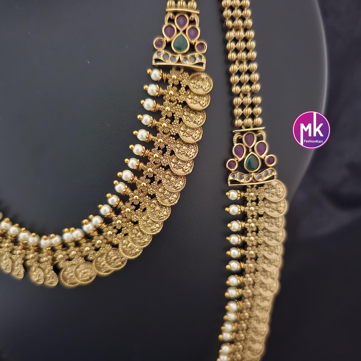 Lakshmi Kasu Premium quality Combo Kemp stones matte Gold finish Combo set - Gold Jewelry Replica - Bridal Haram - MK Fashionkart