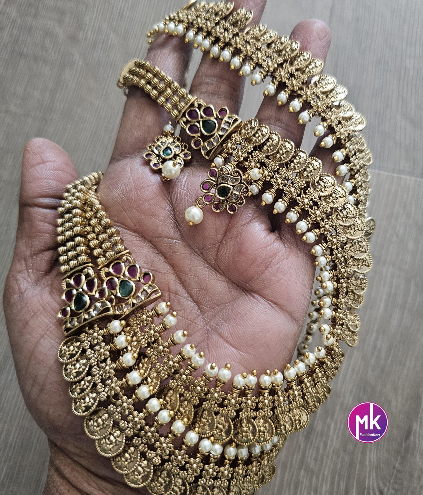 Lakshmi Kasu Premium quality Combo Kemp stones matte Gold finish Combo set - Gold Jewelry Replica - Bridal Haram - MK Fashionkart