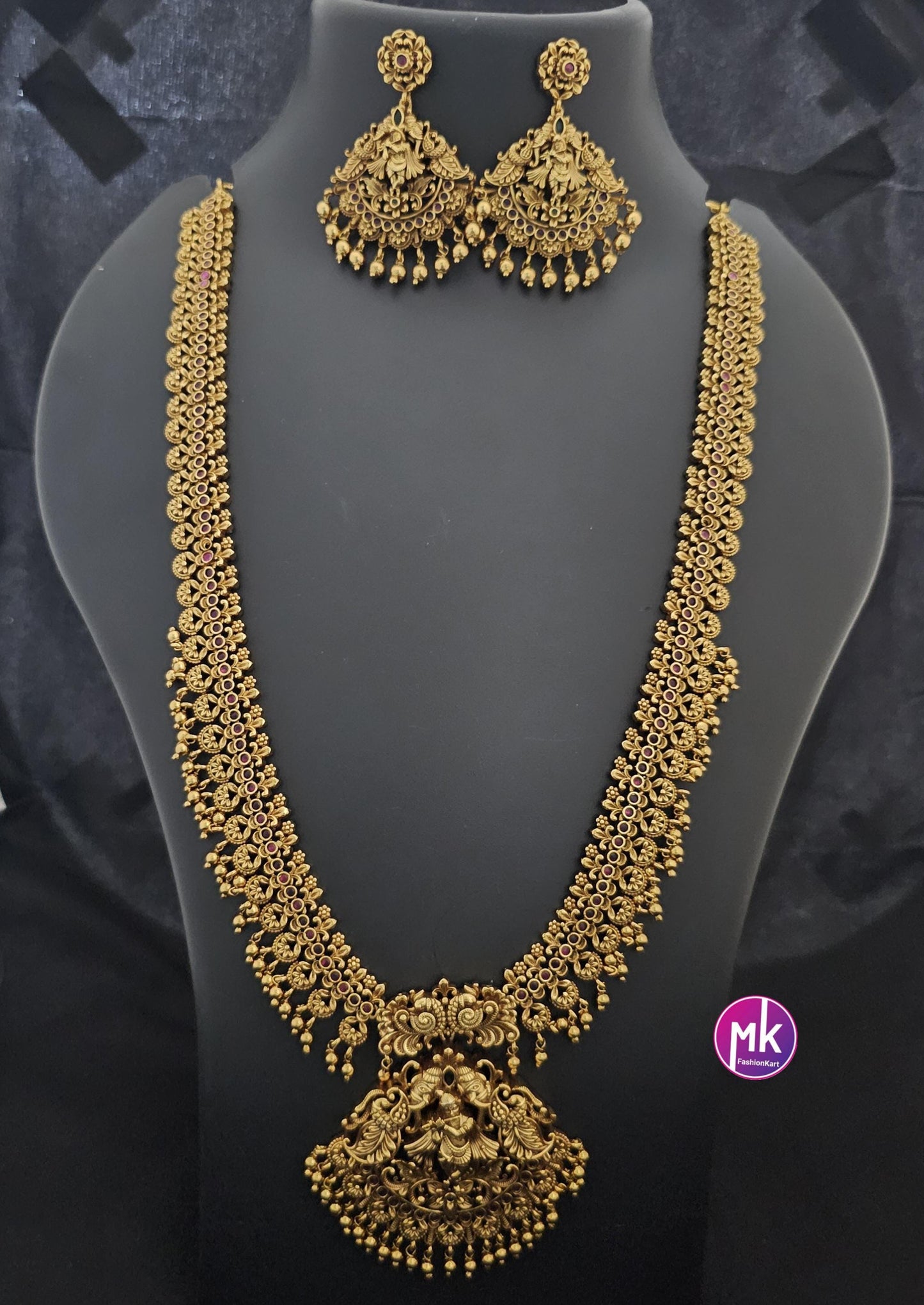 Stunning Krishna Premium quality Gold Jewelry Replica Haram with big pendent with matching Big Earrings - Bridal Haram - MK Fashionkart