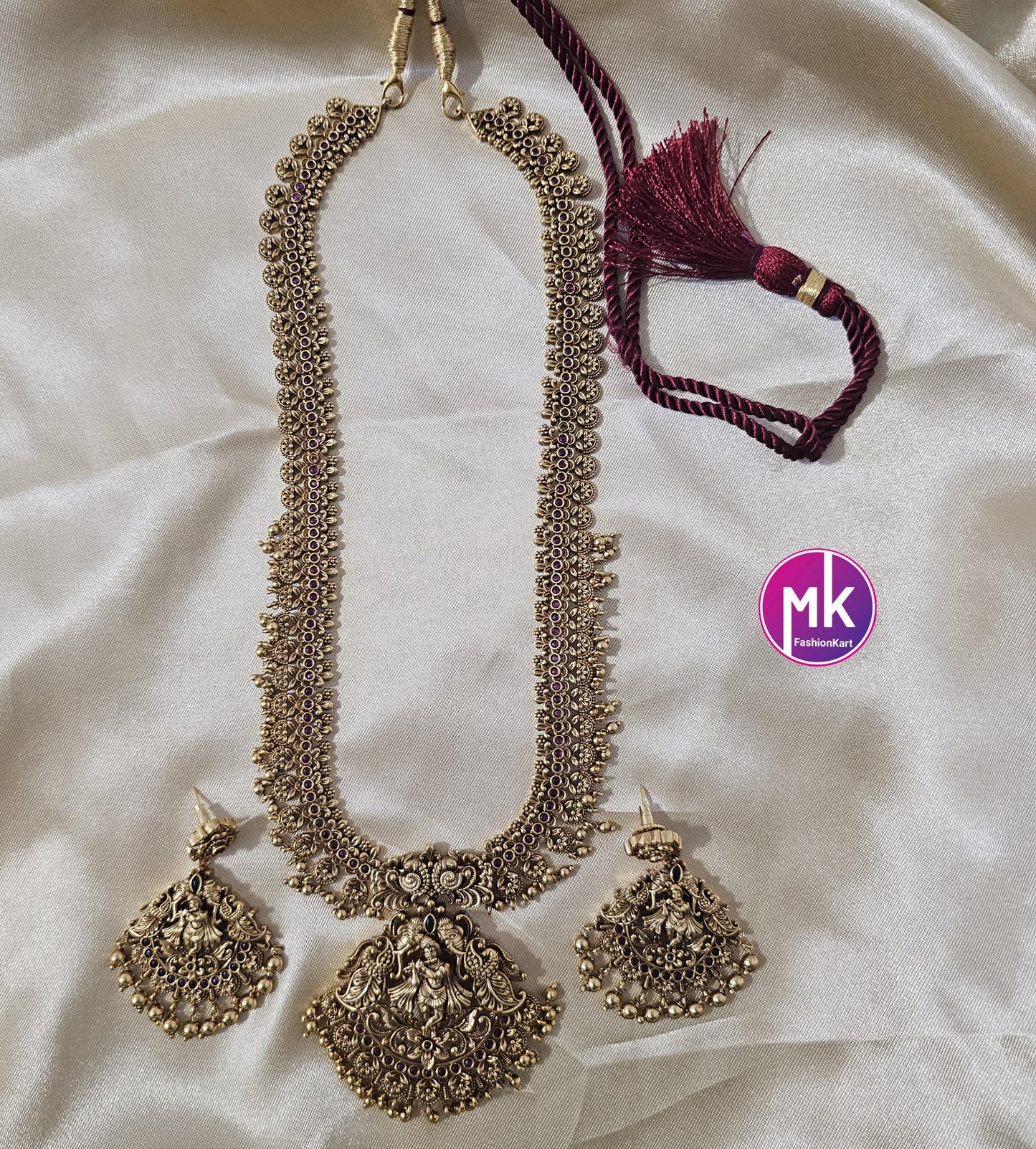 Stunning Krishna Premium quality Gold Jewelry Replica Haram with big pendent with matching Big Earrings - Bridal Haram - MK Fashionkart