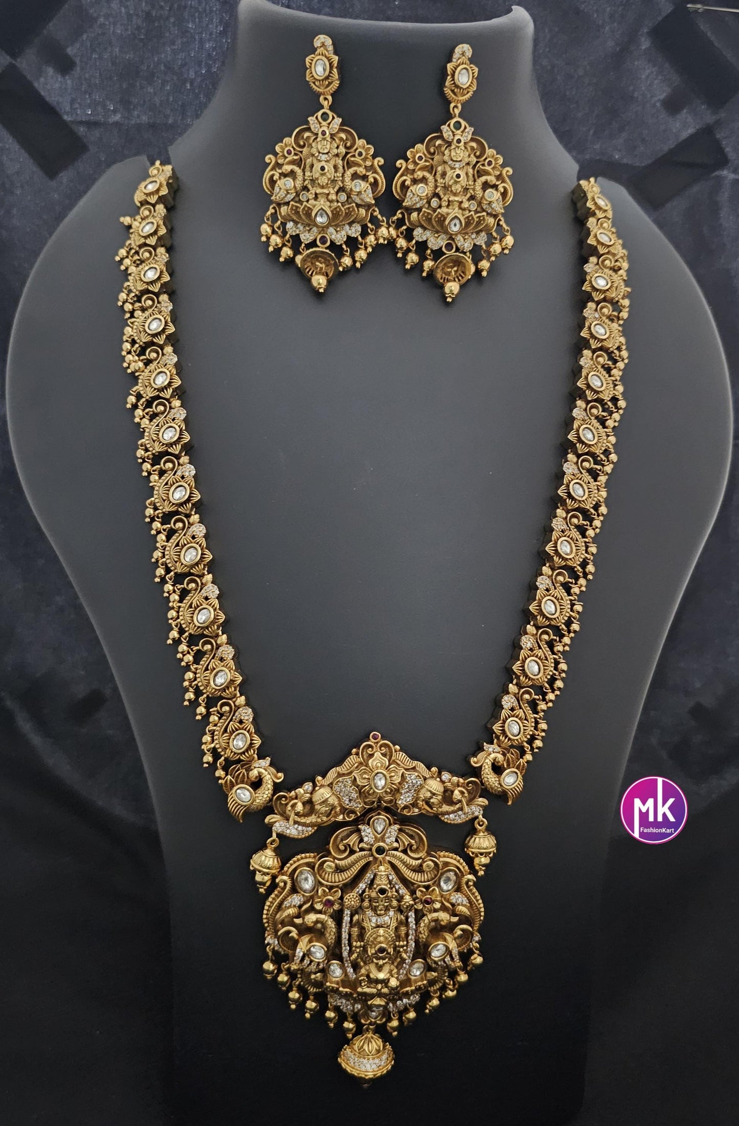 Lakshmi Narayana Premium quality Kemp/CZ stone Gold Jewelry Replica Haram w big pendent w matching Earrings - Bridal Haram - MK Fashionkart