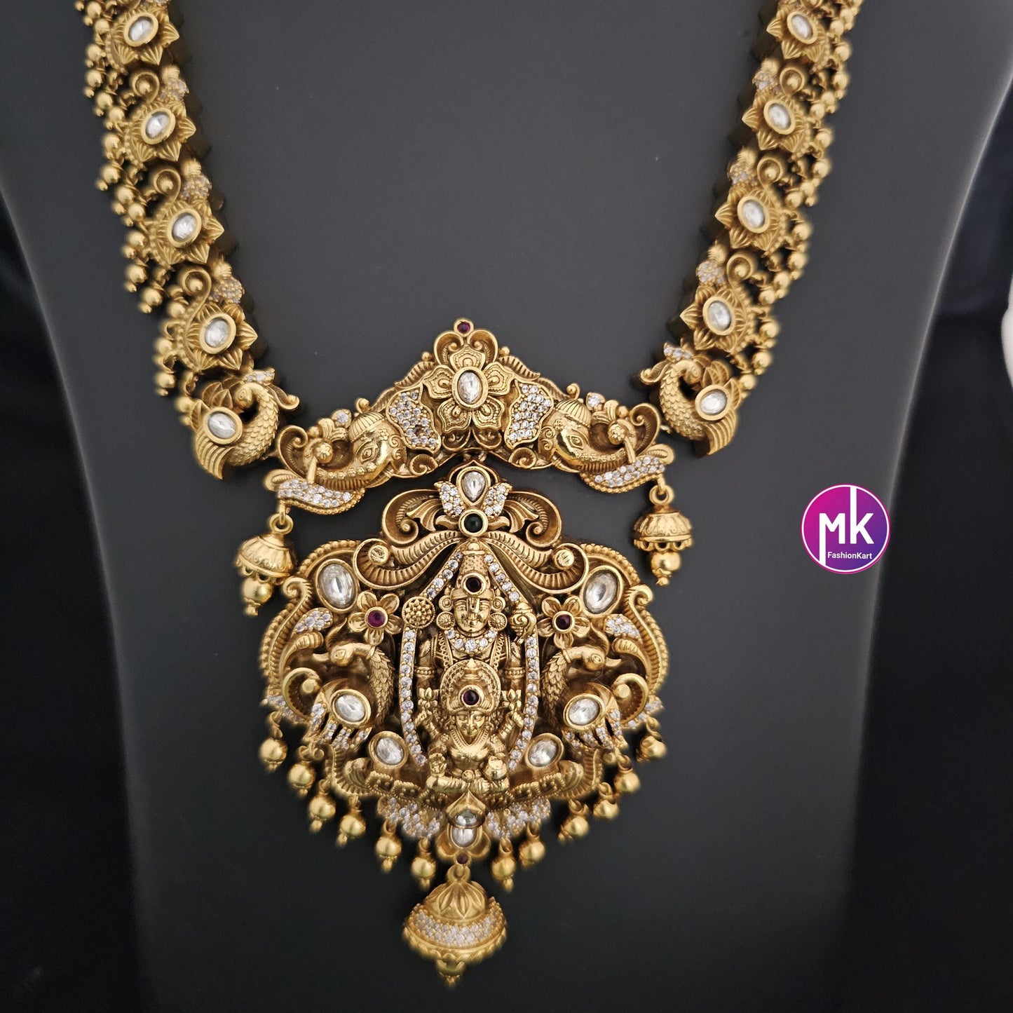 Lakshmi Narayana Premium quality Kemp/CZ stone Gold Jewelry Replica Haram w big pendent w matching Earrings - Bridal Haram - MK Fashionkart