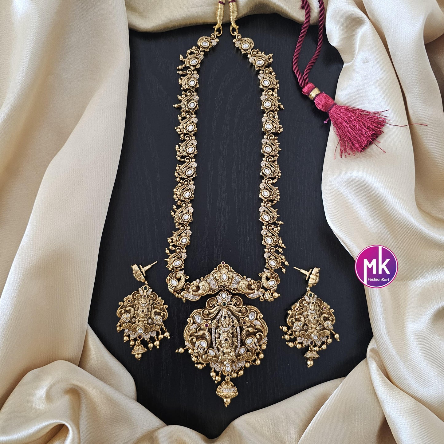 Lakshmi Narayana Premium quality Kemp/CZ stone Gold Jewelry Replica Haram w big pendent w matching Earrings - Bridal Haram - MK Fashionkart