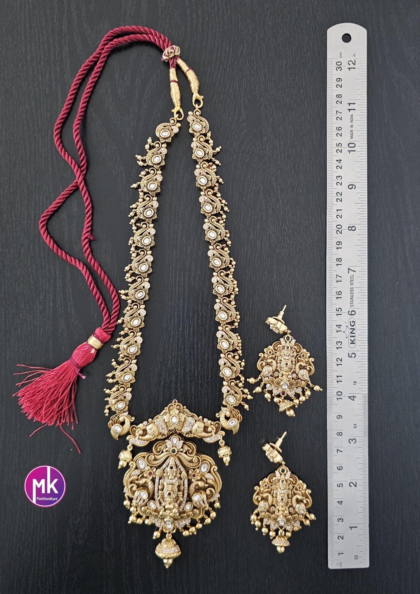 Lakshmi Narayana Premium quality Kemp/CZ stone Gold Jewelry Replica Haram w big pendent w matching Earrings - Bridal Haram - MK Fashionkart