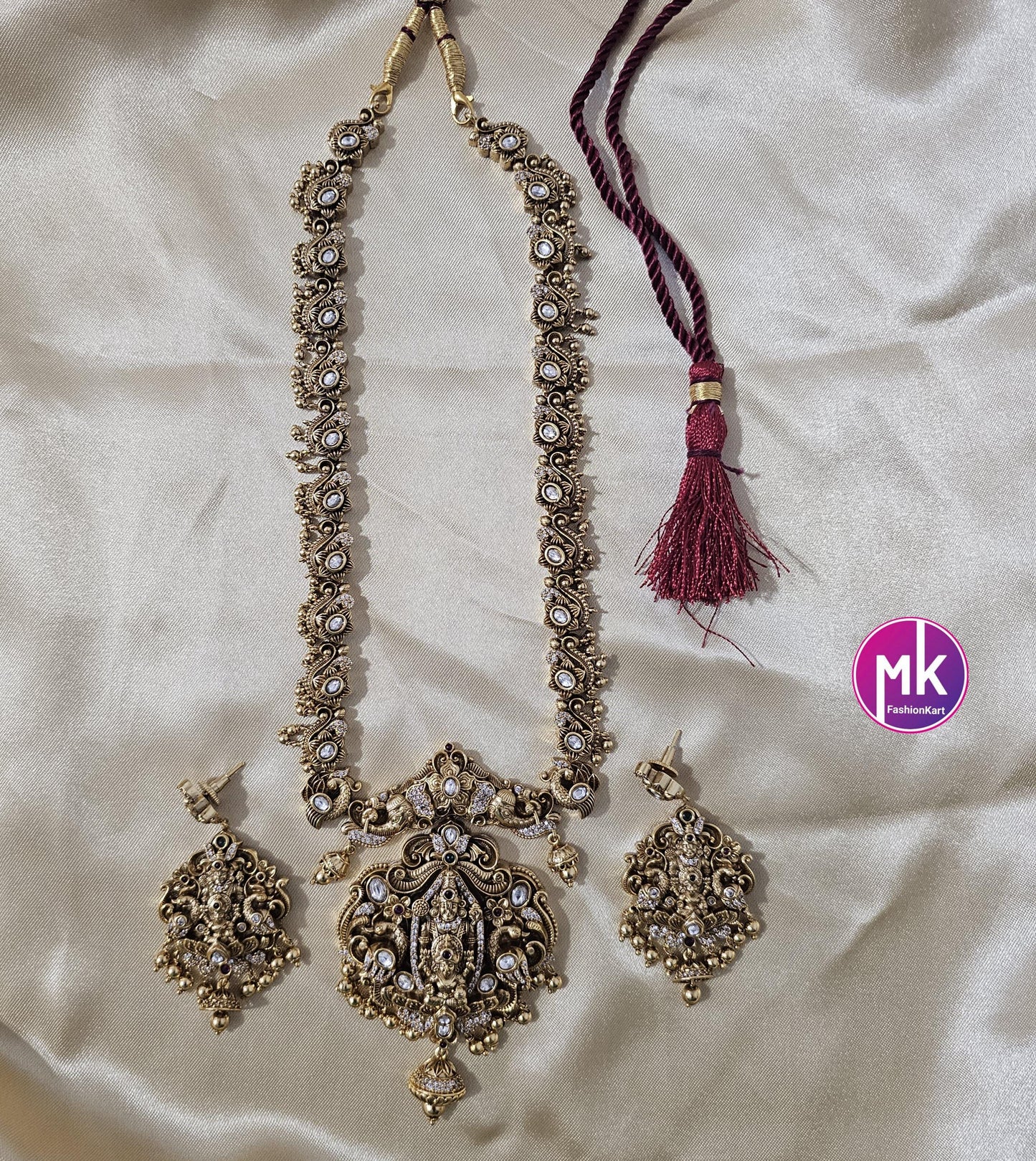 Lakshmi Narayana Premium quality Kemp/CZ stone Gold Jewelry Replica Haram w big pendent w matching Earrings - Bridal Haram - MK Fashionkart