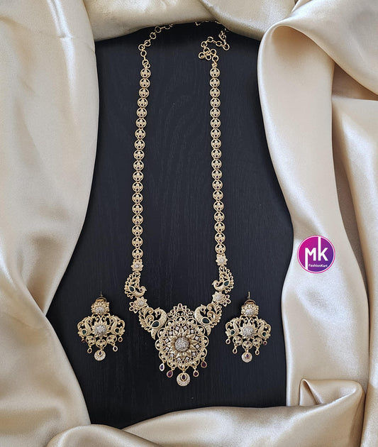 Flower peacock design Premium quality Gold Jewelry Replica Haram with big pendent with matching Big Earrings - Bridal Haram - MK Fashionkart