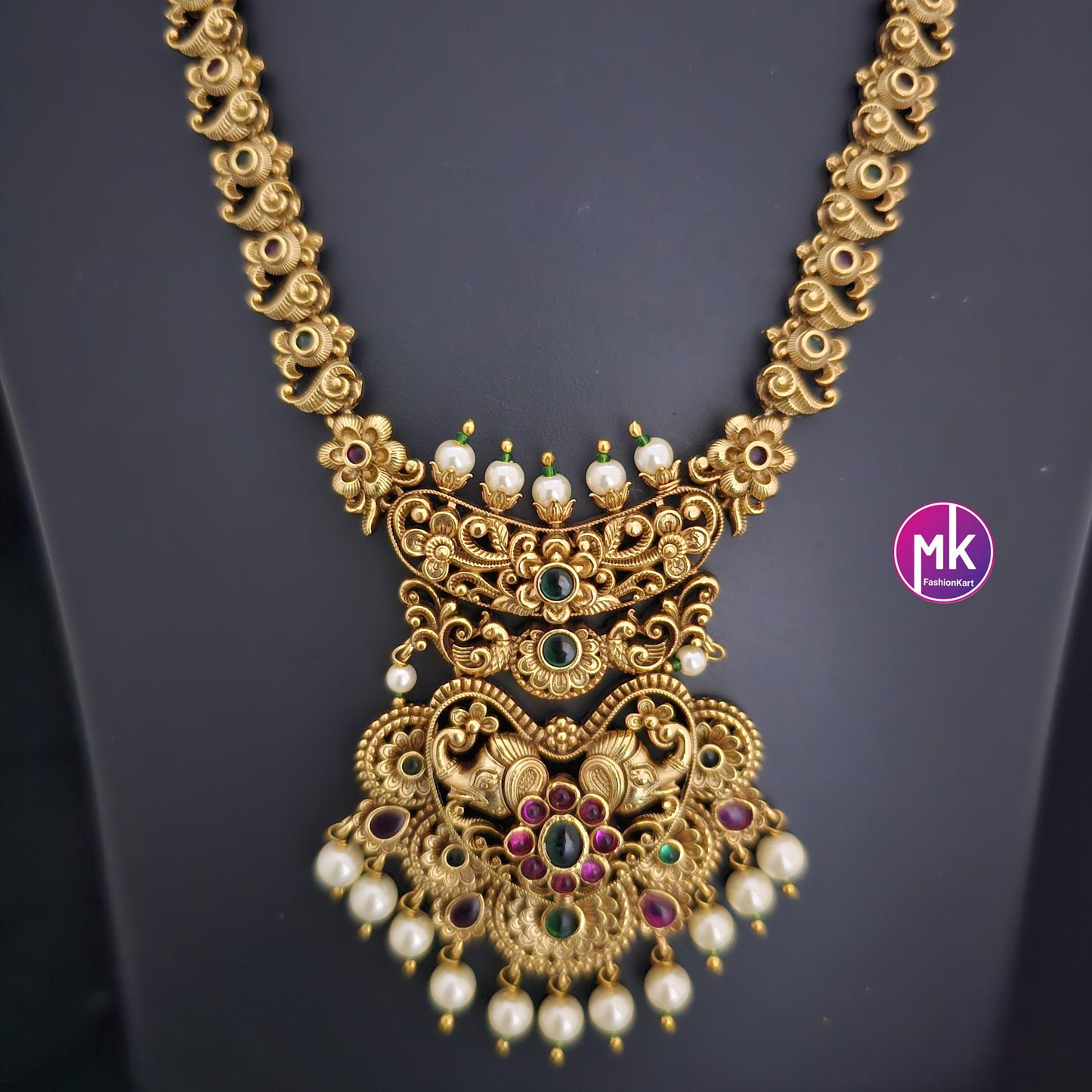Elephant and Flower design Premium quality Gold Jewelry Replica Haram with pendent with matching Earrings - Bridal Haram - MK Fashionkart