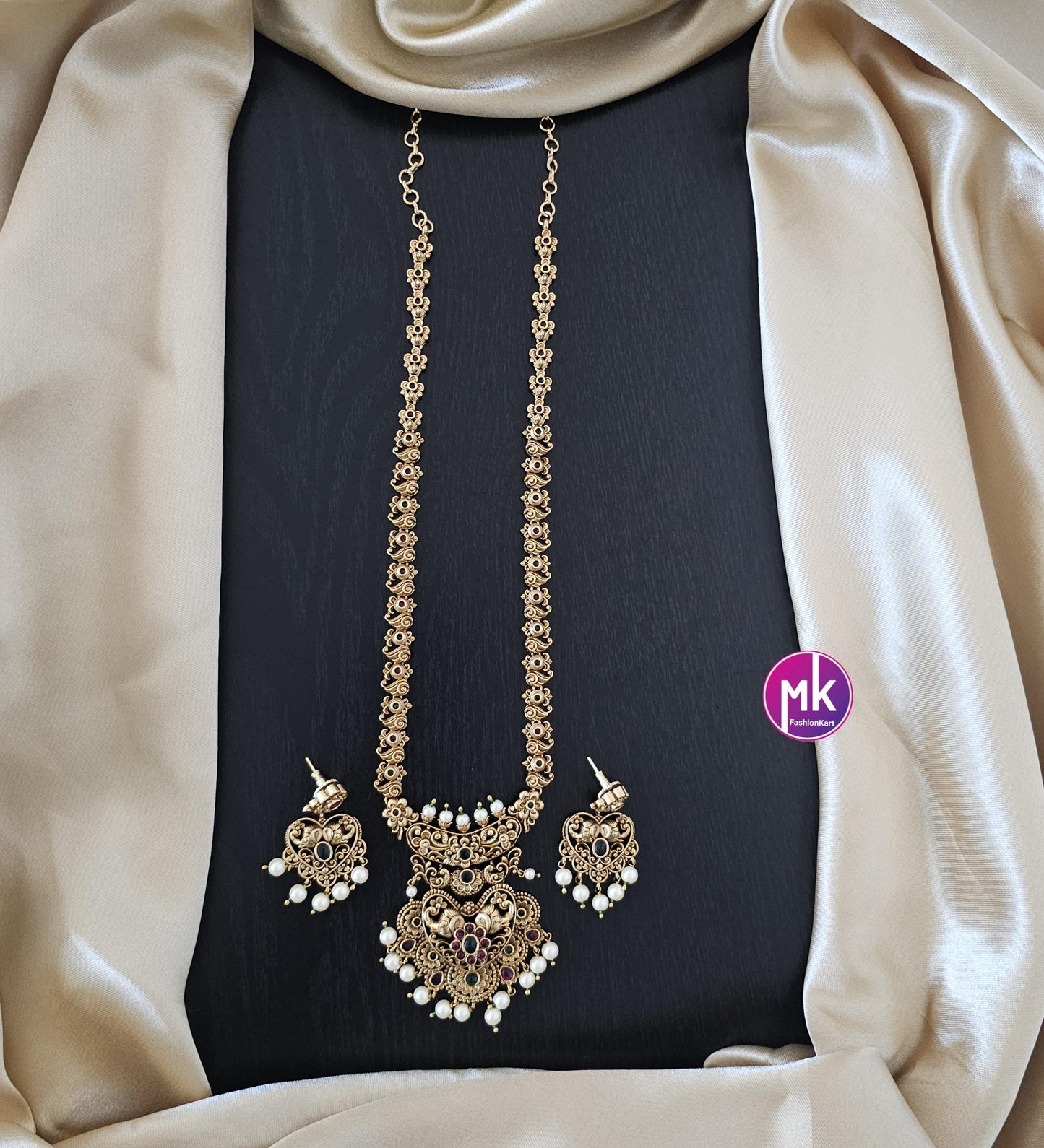 Elephant and Flower design Premium quality Gold Jewelry Replica Haram with pendent with matching Earrings - Bridal Haram - MK Fashionkart