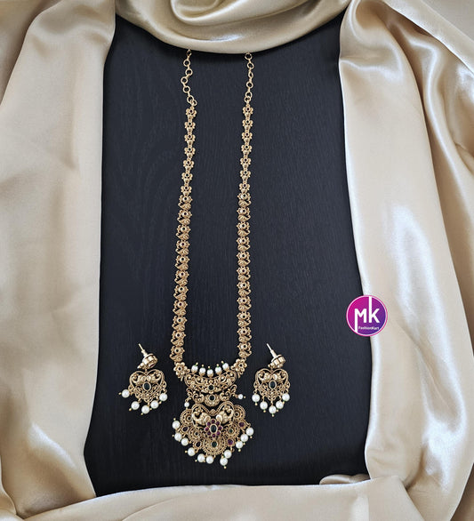 Elephant and Flower design Premium quality Gold Jewelry Replica Haram with pendent with matching Earrings - Bridal Haram - MK Fashionkart