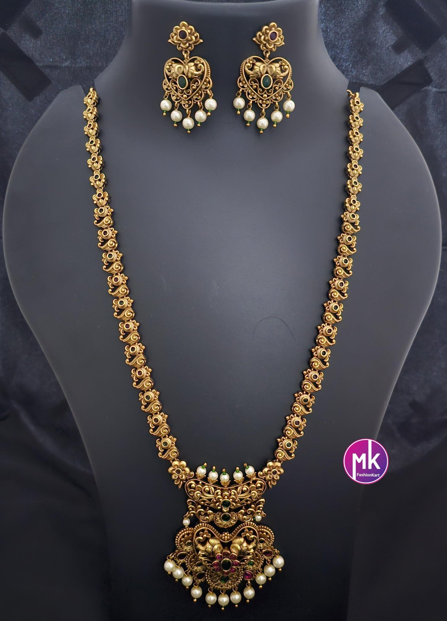 Elephant and Flower design Premium quality Gold Jewelry Replica Haram with pendent with matching Earrings - Bridal Haram - MK Fashionkart