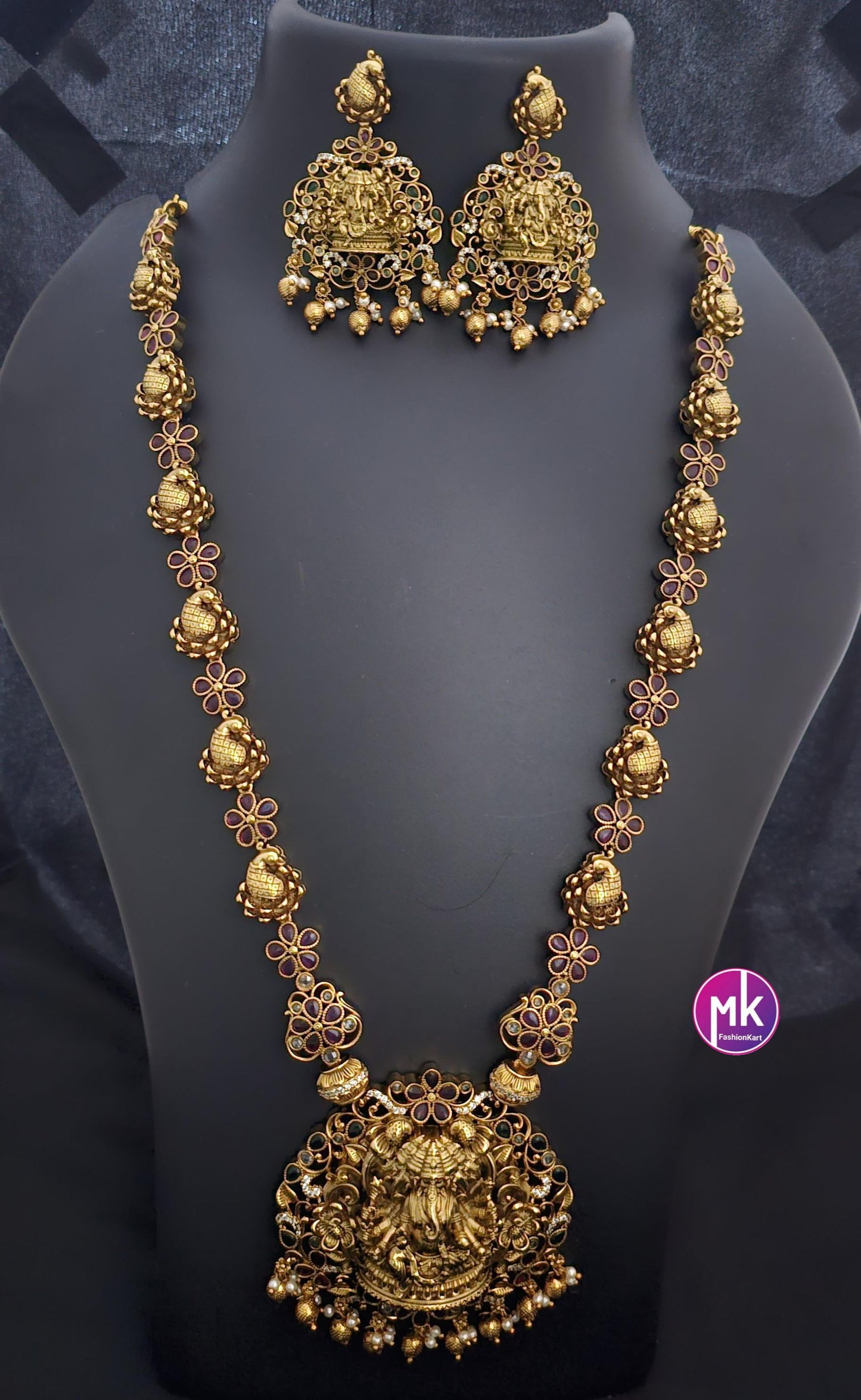 Panchmukh Ganesa Premium quality Gold Jewelry Replica Haram with big pendent with matching Big Earrings - Bridal Haram - MK Fashionkart