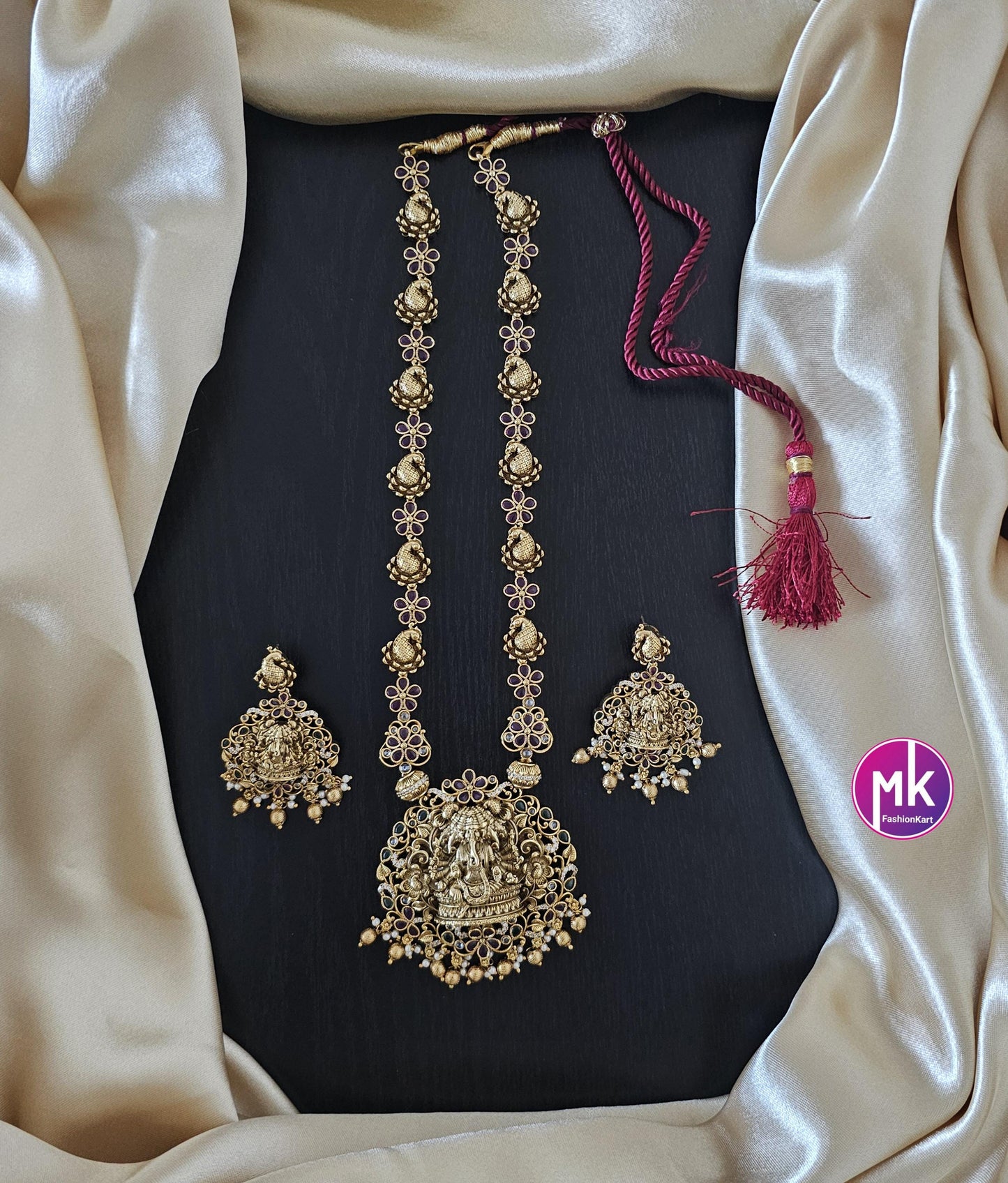 Panchmukh Ganesa Premium quality Gold Jewelry Replica Haram with big pendent with matching Big Earrings - Bridal Haram - MK Fashionkart
