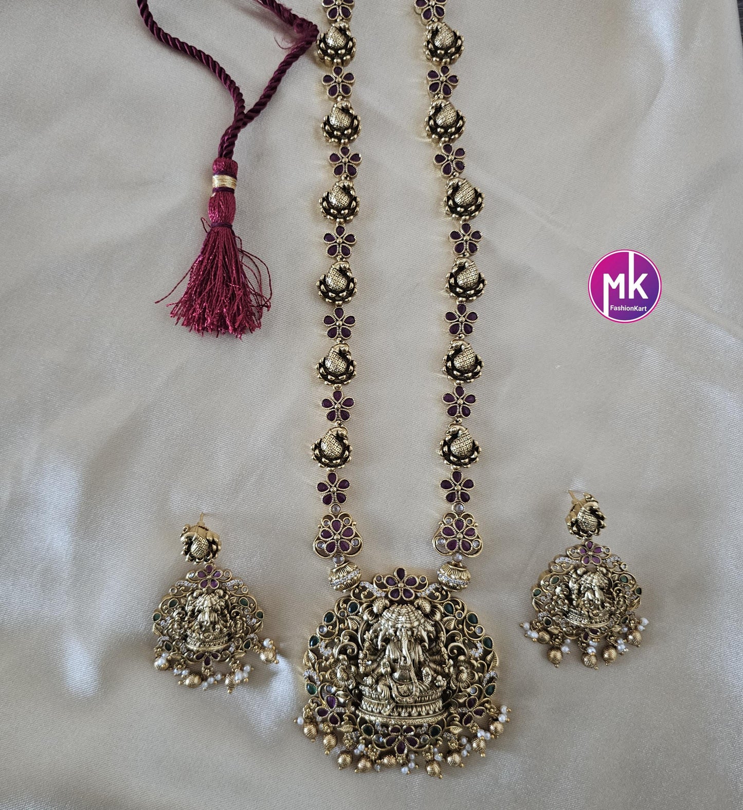 Panchmukh Ganesa Premium quality Gold Jewelry Replica Haram with big pendent with matching Big Earrings - Bridal Haram - MK Fashionkart