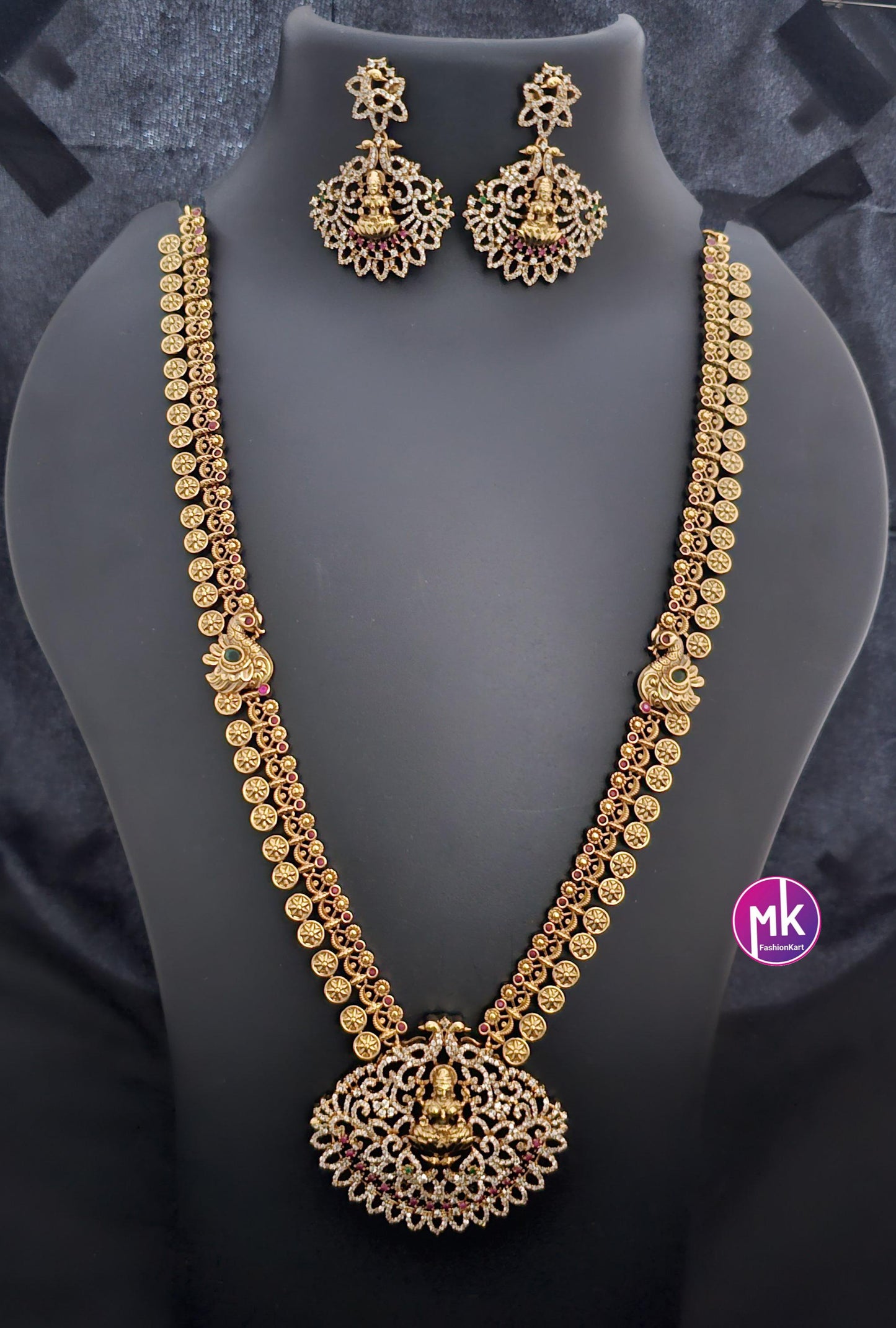 Lakshmi Peacock Premium quality Gold Jewelry Replica AD/CZ stone Haram with pendent with matching Earrings - Bridal Haram - MK Fashionkart
