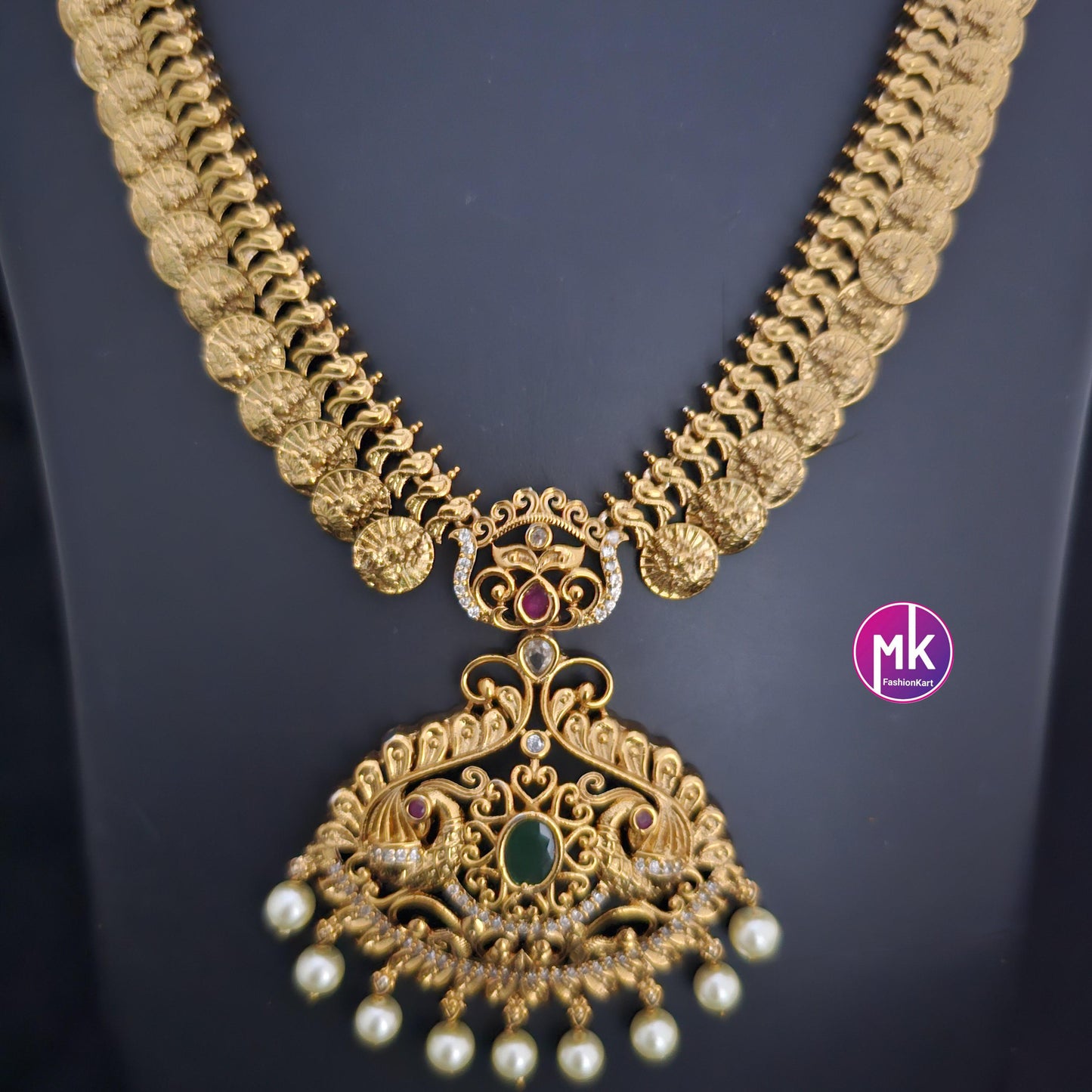 Lakshmi Kasu Premium quality AD/CZ stones Matte Gold finish Haram with matching Earrings - Gold Replica - Bridal Haram - MK Fashionkart