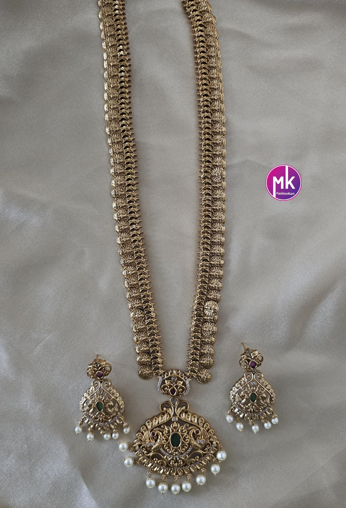 Lakshmi Kasu Premium quality AD/CZ stones Matte Gold finish Haram with matching Earrings - Gold Replica - Bridal Haram - MK Fashionkart