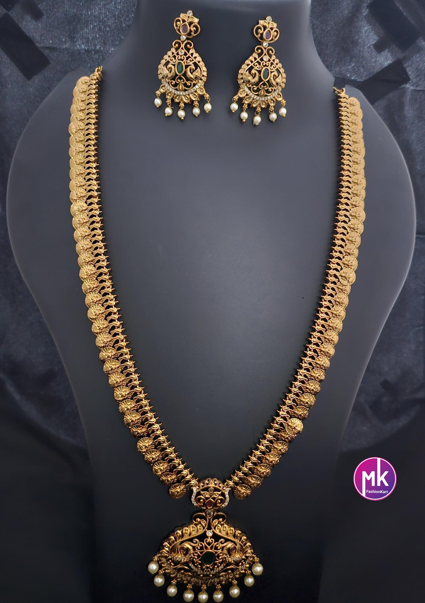 Lakshmi Kasu Premium quality AD/CZ stones Matte Gold finish Haram with matching Earrings - Gold Replica - Bridal Haram - MK Fashionkart
