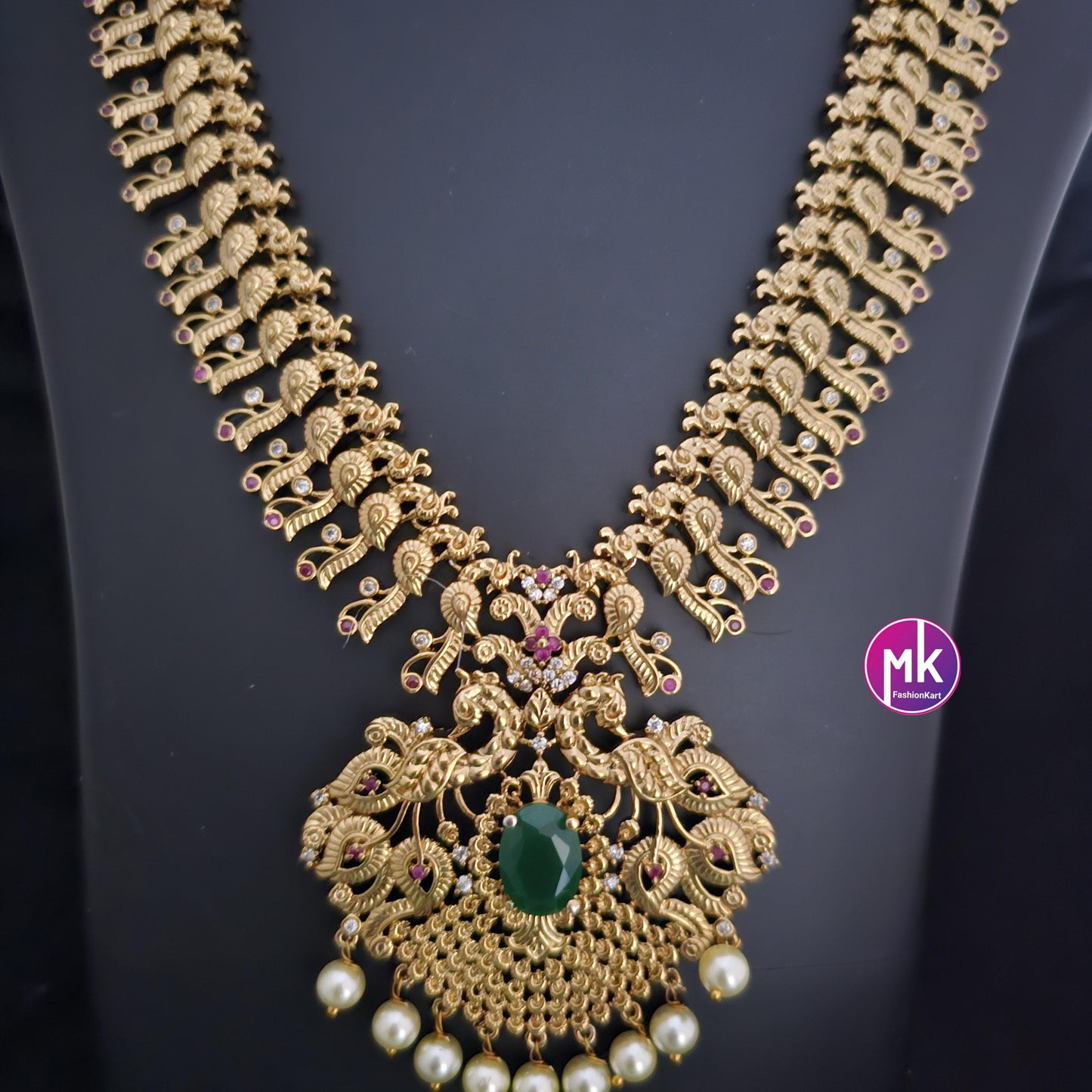 Peacock Premium quality AD stone Haram with big pendent with matching big Earrings - Bridal Haram - MK Fashionkart - Fashion Jewelry