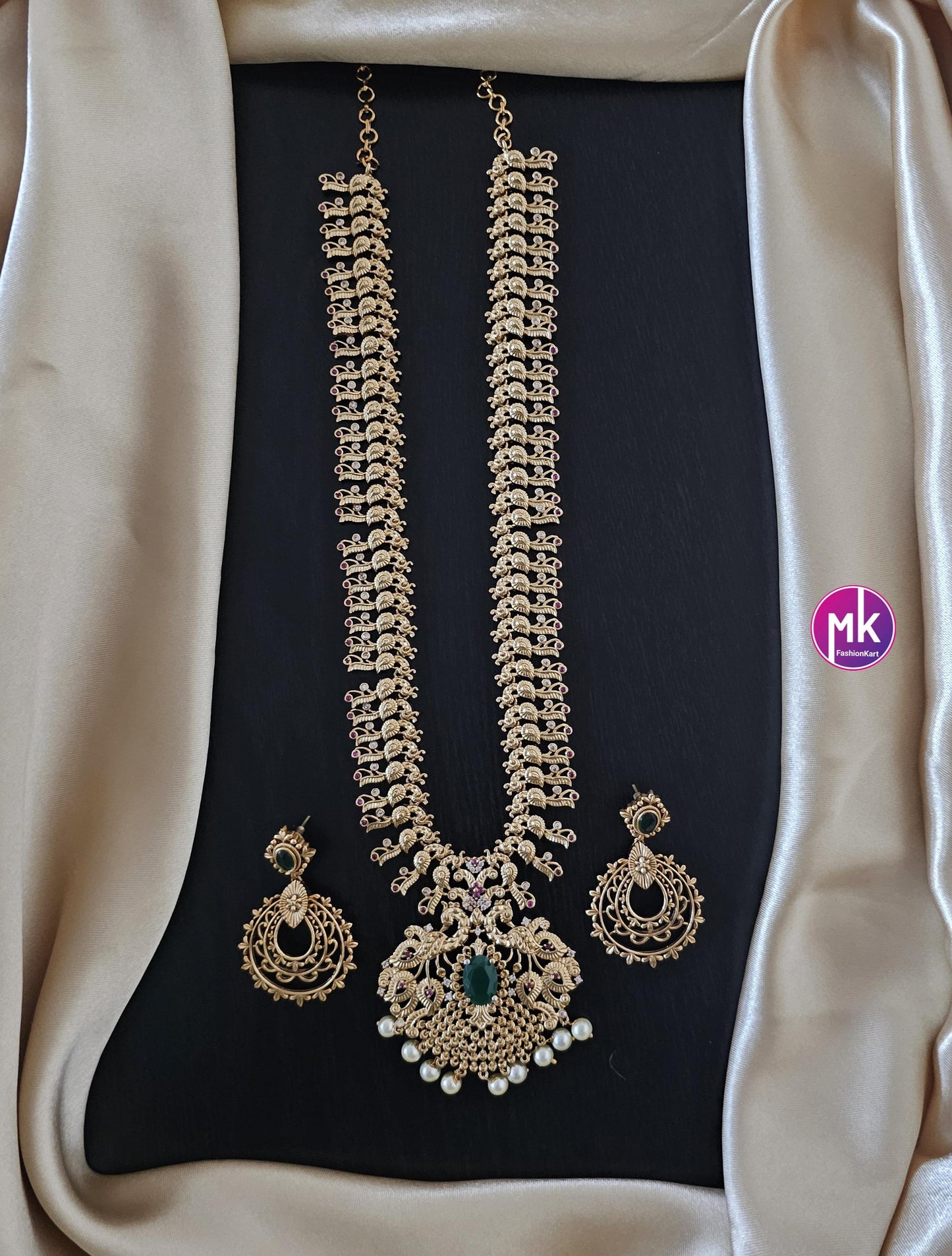 Peacock Premium quality AD stone Haram with big pendent with matching big Earrings - Bridal Haram - MK Fashionkart - Fashion Jewelry