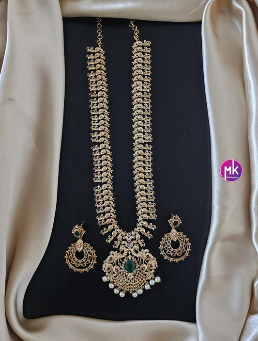 Peacock Premium quality AD stone Haram with big pendent with matching big Earrings - Bridal Haram - MK Fashionkart - Fashion Jewelry
