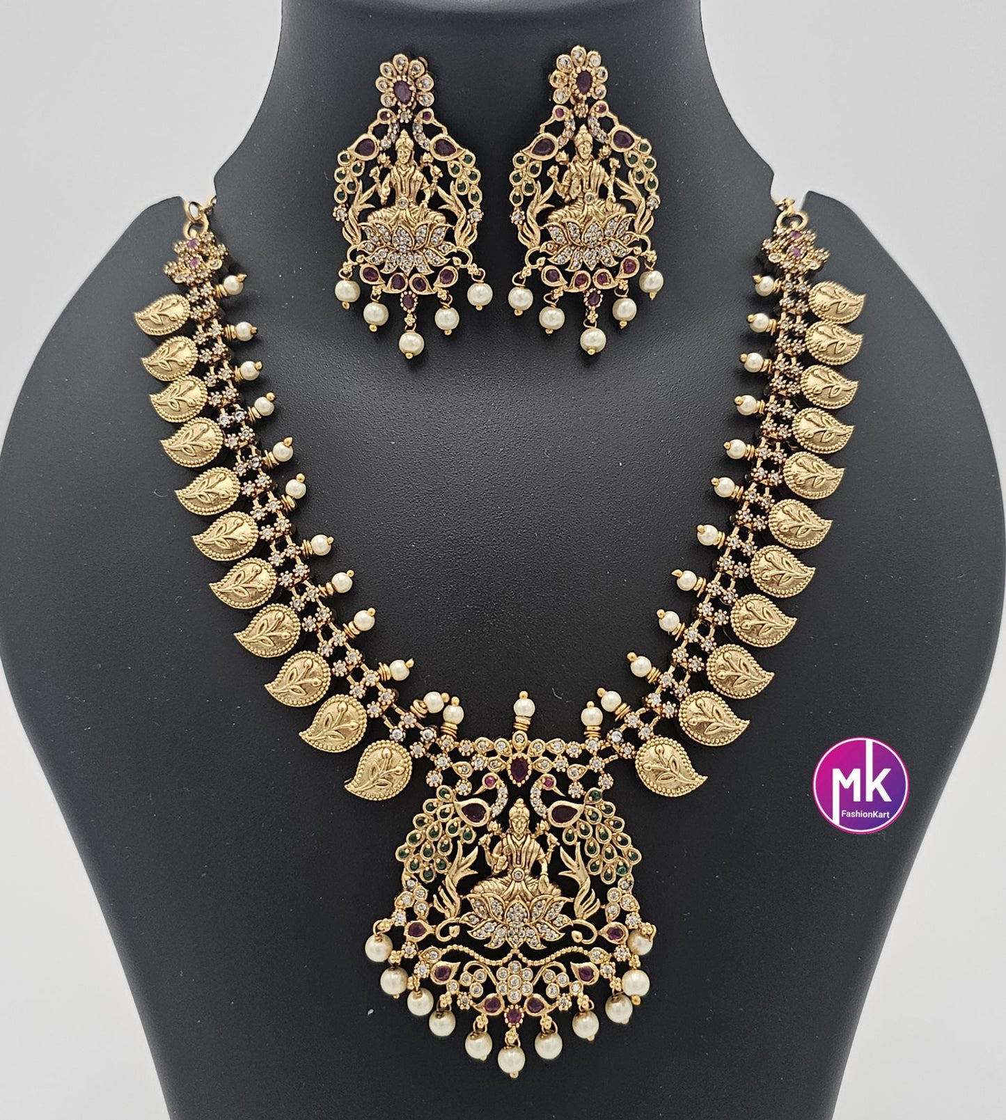 Premium Quality Lakshmi design Mango AD/CZ stone Necklace with matching Earrings - Bridal Necklace - Gold Jewelry Replica - MK Fashionkart