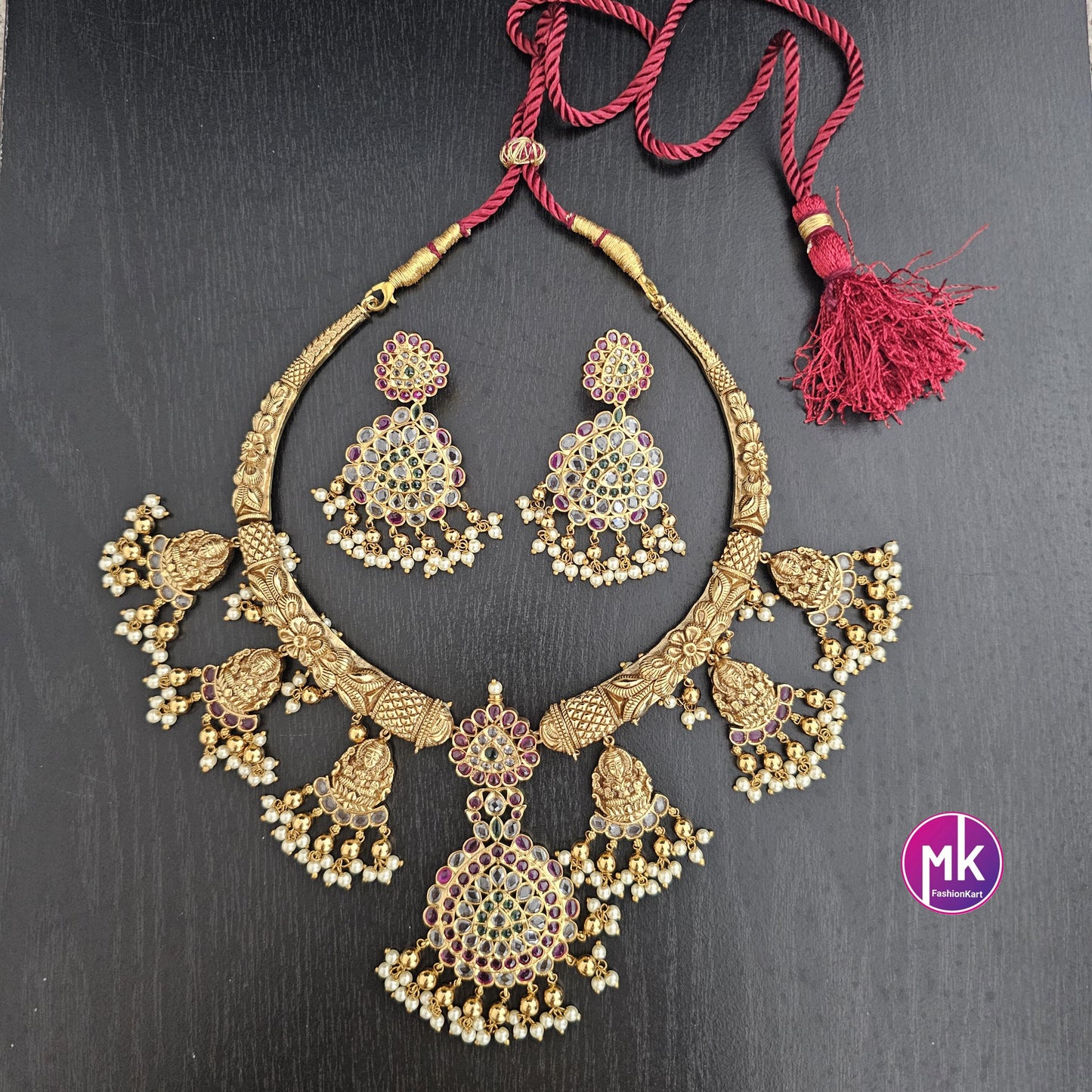 Lakshmi Premium quality Kemp stone Matt gold finish big Necklace with pendent matching and big Earrings - Bridal Necklace - MK Fashionkart