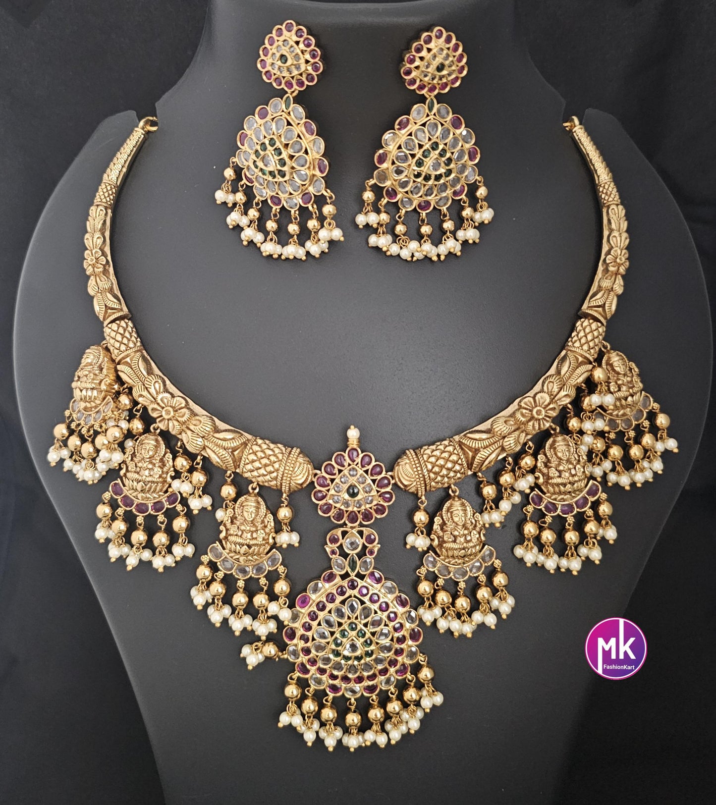 Lakshmi Premium quality Kemp stone Matt gold finish big Necklace with pendent matching and big Earrings - Bridal Necklace - MK Fashionkart