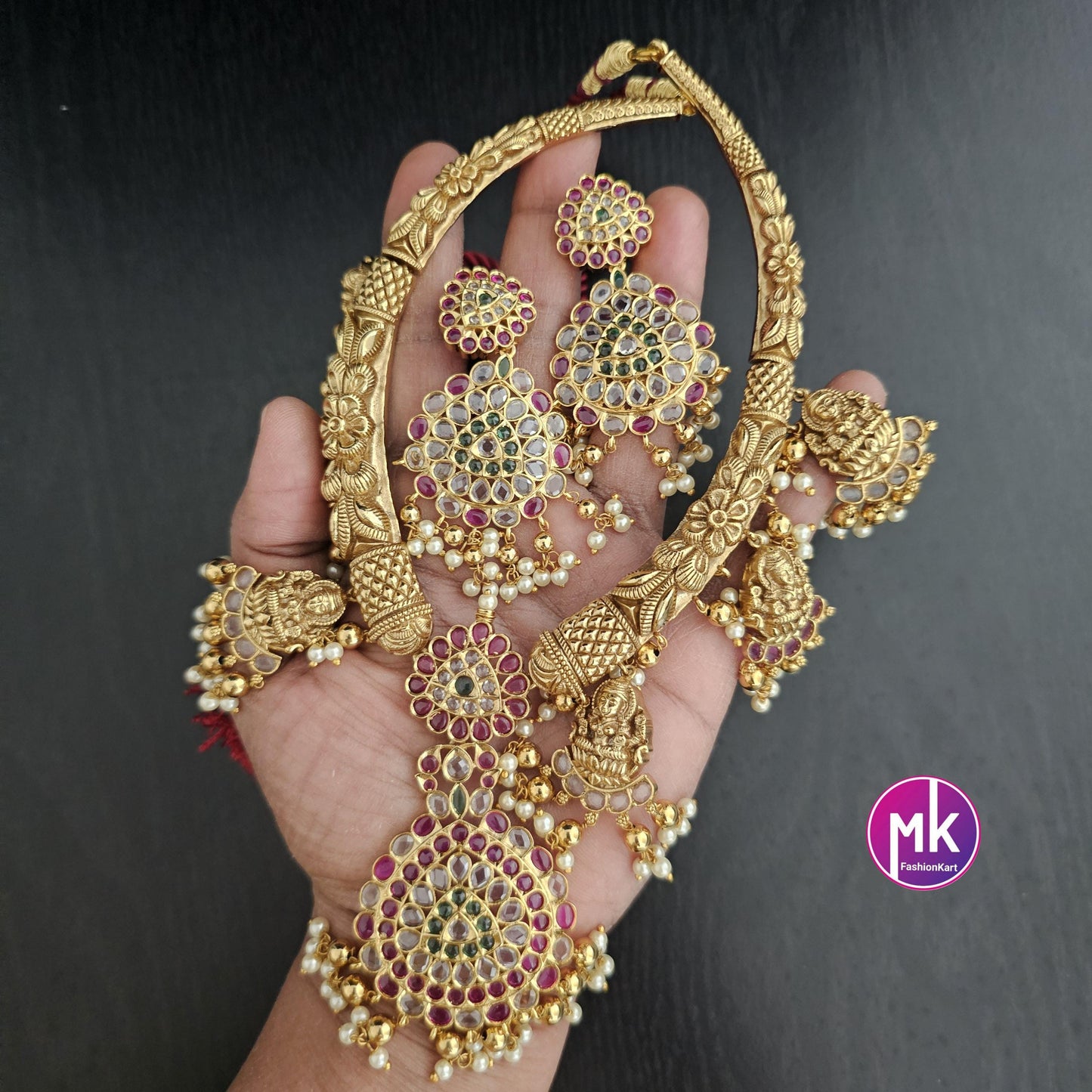 Lakshmi Premium quality Kemp stone Matt gold finish big Necklace with pendent matching and big Earrings - Bridal Necklace - MK Fashionkart