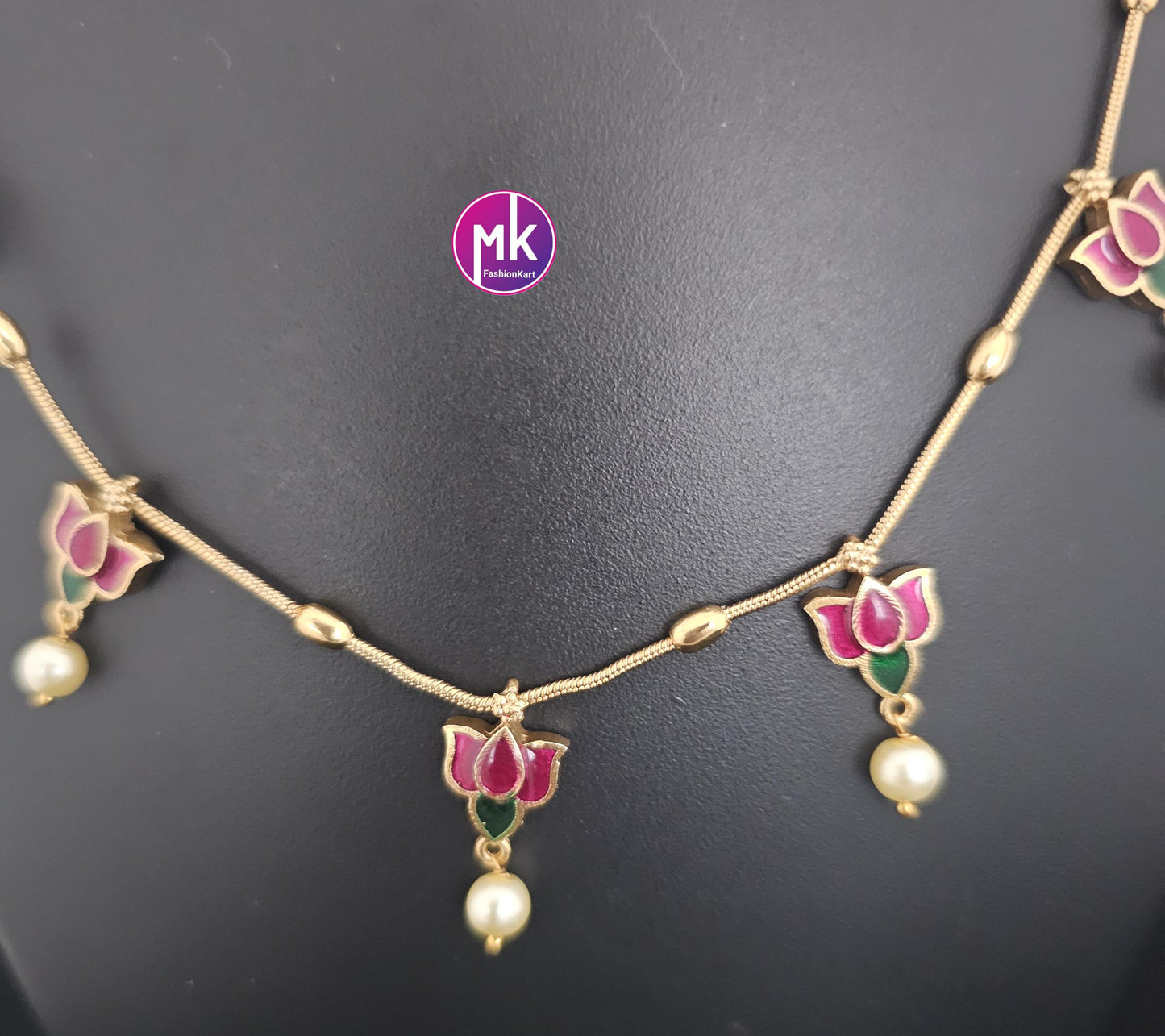 Lotus Meenakari work trendy simple Necklace with matching Earrings - Fashion Jewelry - Mk Fashionkart