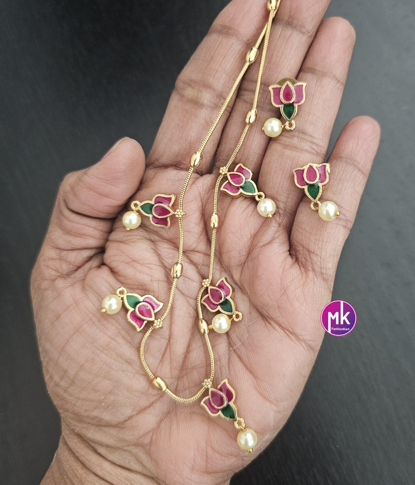 Lotus Meenakari work trendy simple Necklace with matching Earrings - Fashion Jewelry - Mk Fashionkart