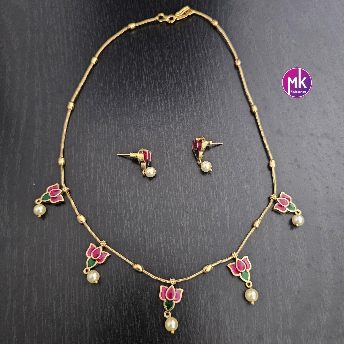 Lotus Meenakari work trendy simple Necklace with matching Earrings - Fashion Jewelry - Mk Fashionkart