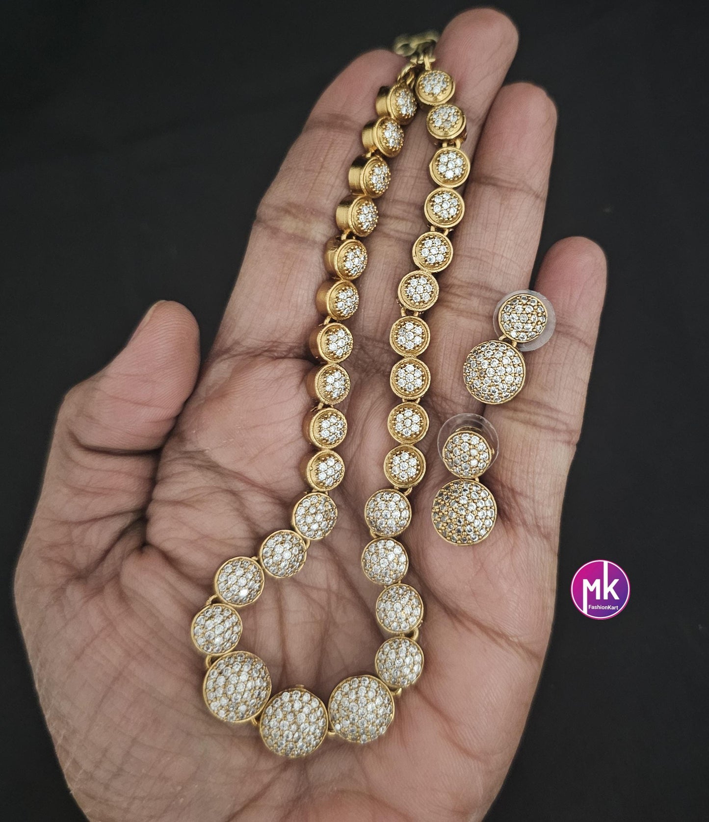 Flower design Matte gold finish AD stone necklace with matching Earrings - Stone Necklace for Adult cum Teen Necklace - MK Fashionkart