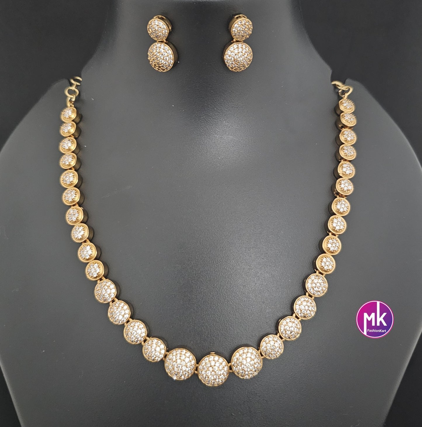 Flower design Matte gold finish AD stone necklace with matching Earrings - Stone Necklace for Adult cum Teen Necklace - MK Fashionkart