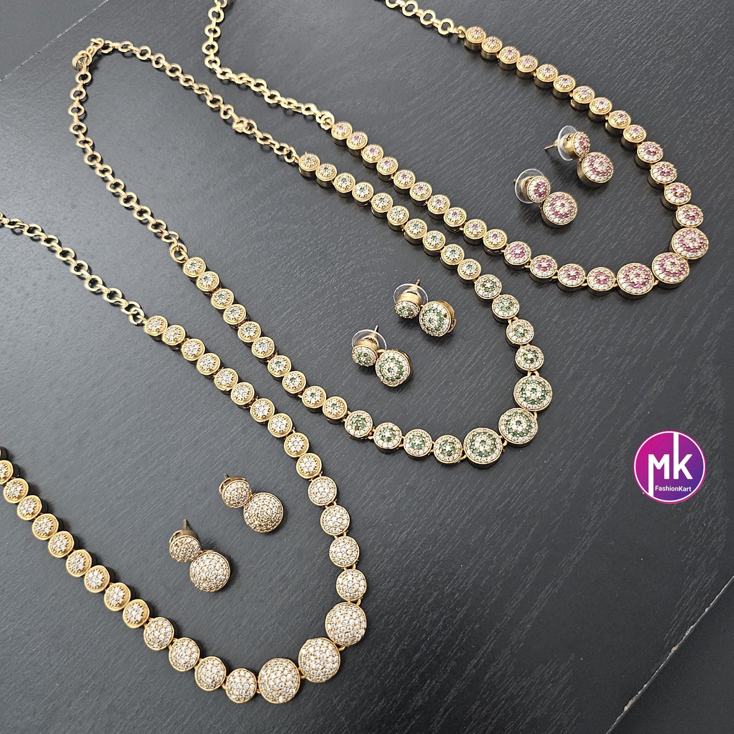 Flower design Matte gold finish AD stone necklace with matching Earrings - Stone Necklace for Adult cum Teen Necklace - MK Fashionkart