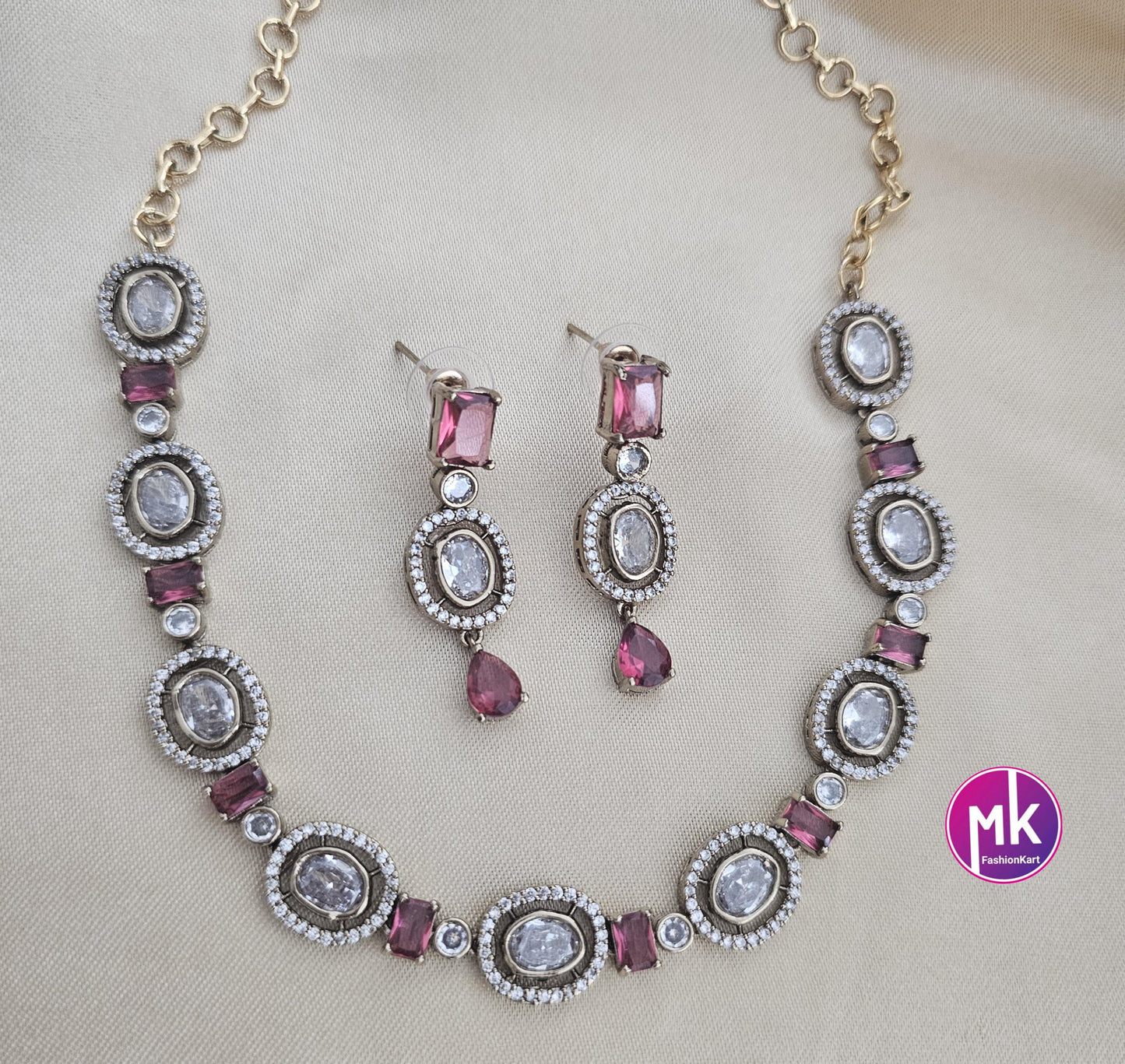 Celebrity Style Red wine color AD stone and CZ stone Necklace with matching Earrings - Fashion Jewelry - MK Fashionkart