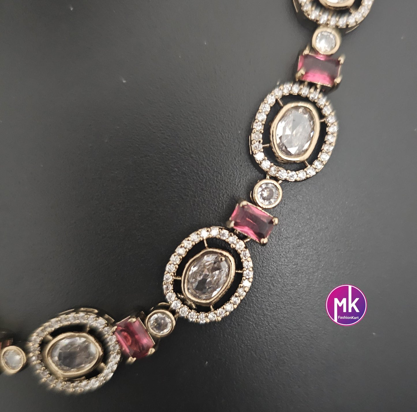Celebrity Style Red wine color AD stone and CZ stone Necklace with matching Earrings - Fashion Jewelry - MK Fashionkart