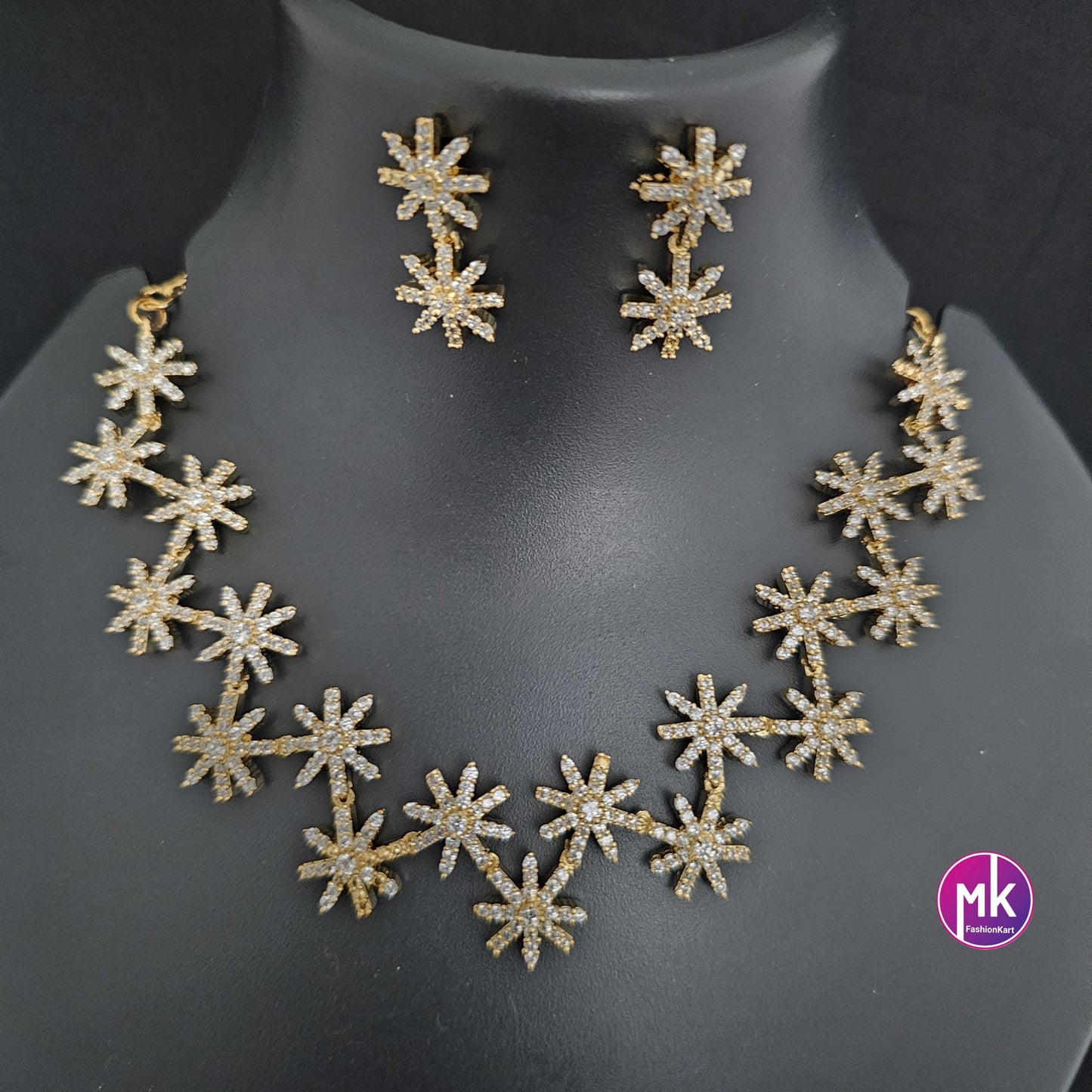 Premium star design Gold finish AD stone necklace with matching Earrings - Adult cum Teen Necklace - Mk Fashionkart
