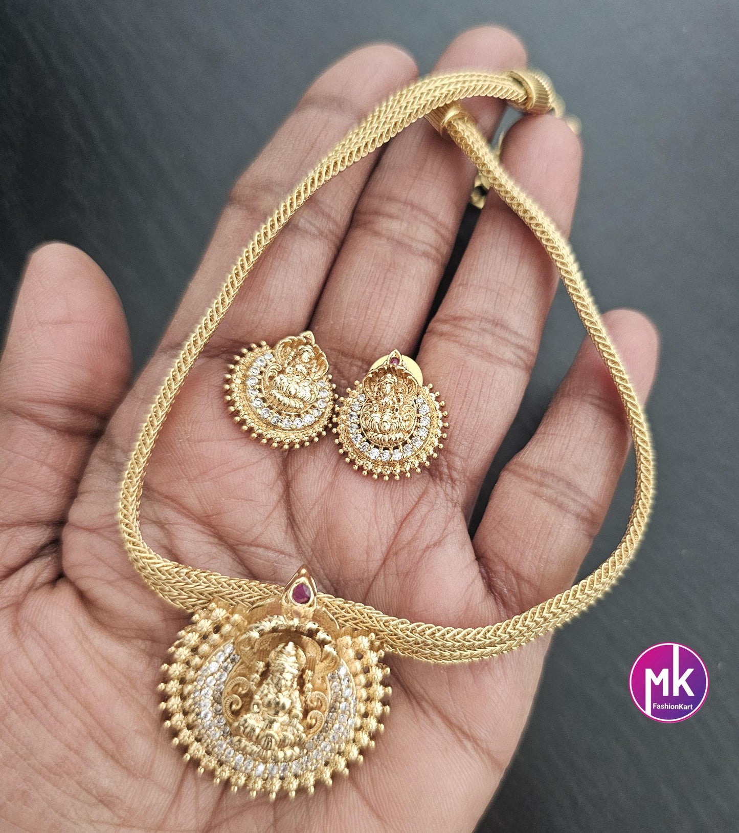 Lakshmi Premium quality AD stones pendent Necklace with matching Earrings - Adult cum Teen Necklace -Fashion Jewelry - MK Fashionkart